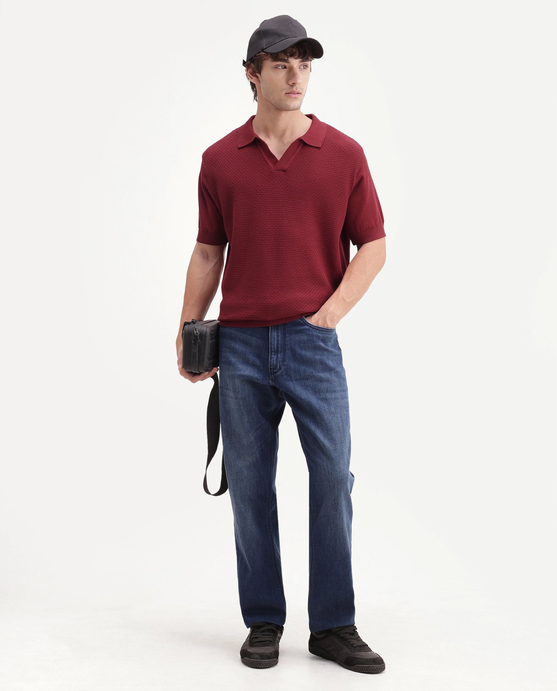 Rare Rabbit Men's Zegot Primary Red Cotton Johnny Collar Regular Textured Polo