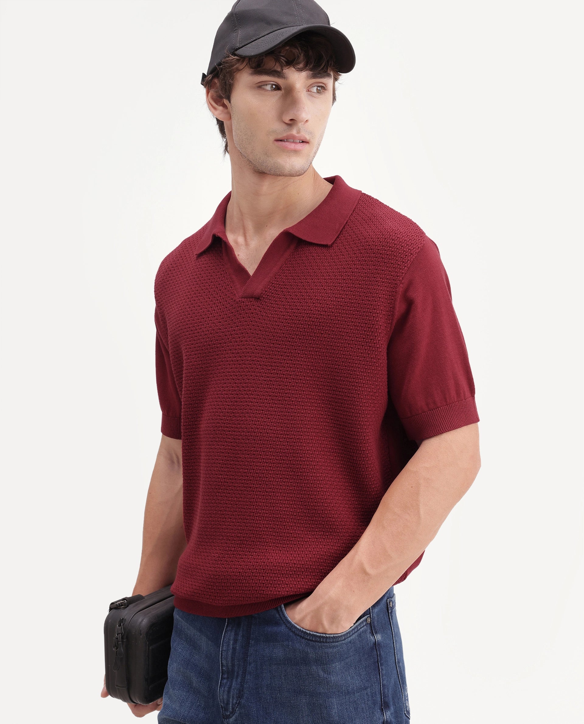 Rare Rabbit Men's Zegot Primary Red Cotton Johnny Collar Regular Textured Polo