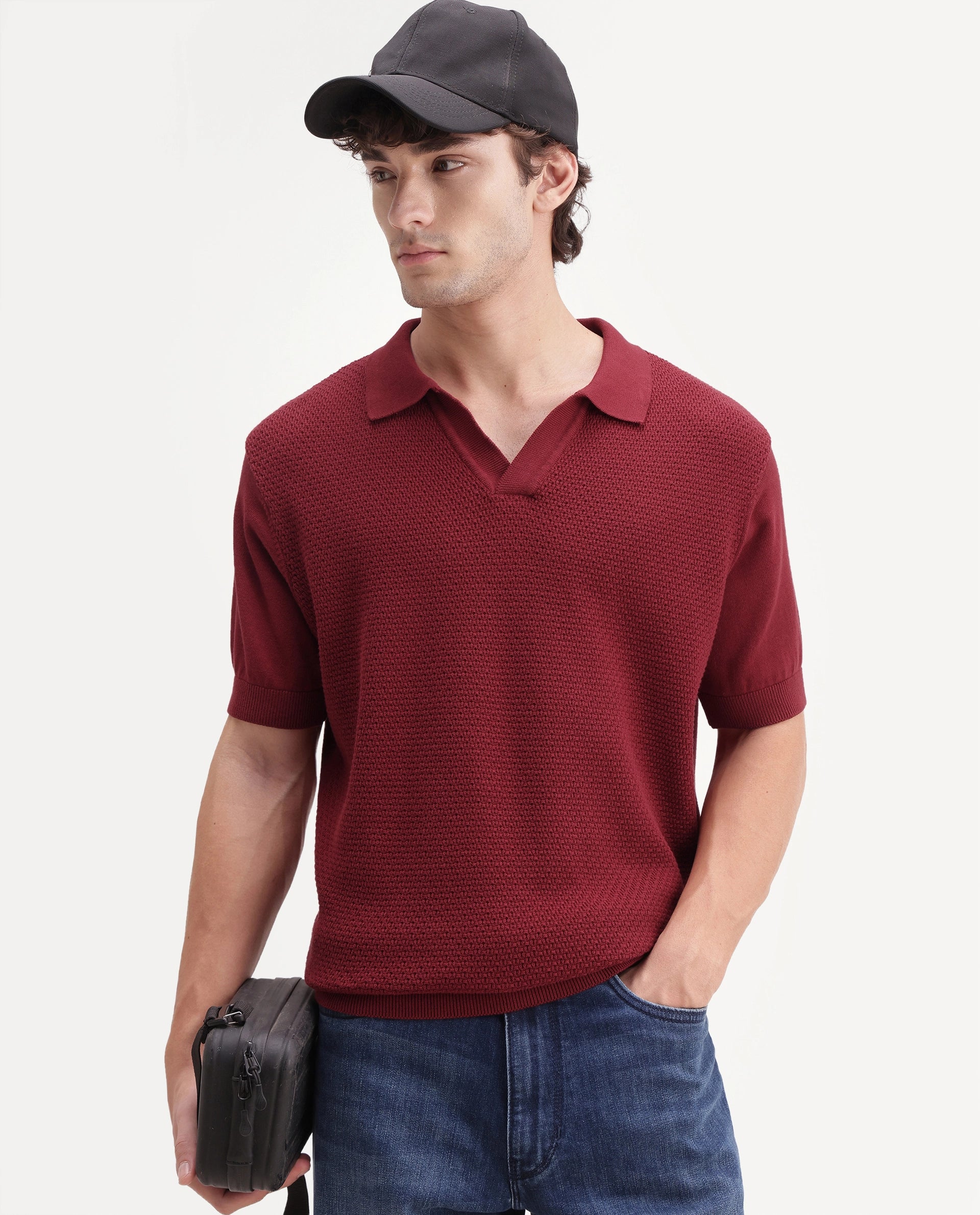 Rare Rabbit Men's Zegot Primary Red Cotton Johnny Collar Regular Textured Polo