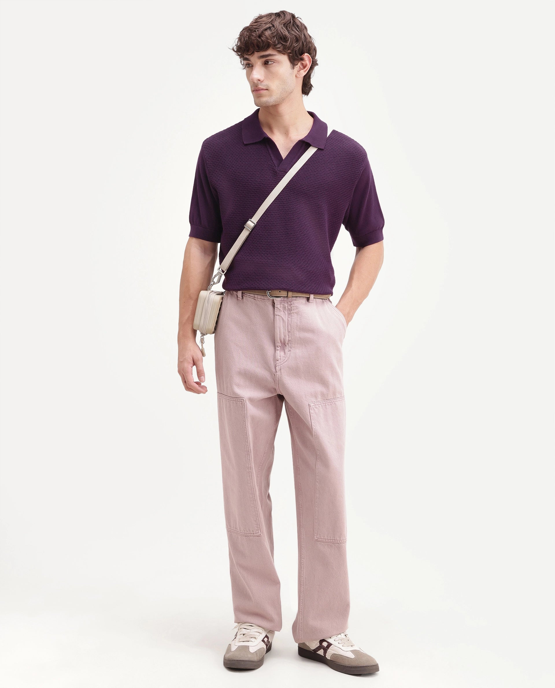 Rare Rabbit Men's Zegot Dark Purple Cotton Johnny Collar Regular Textured Polo