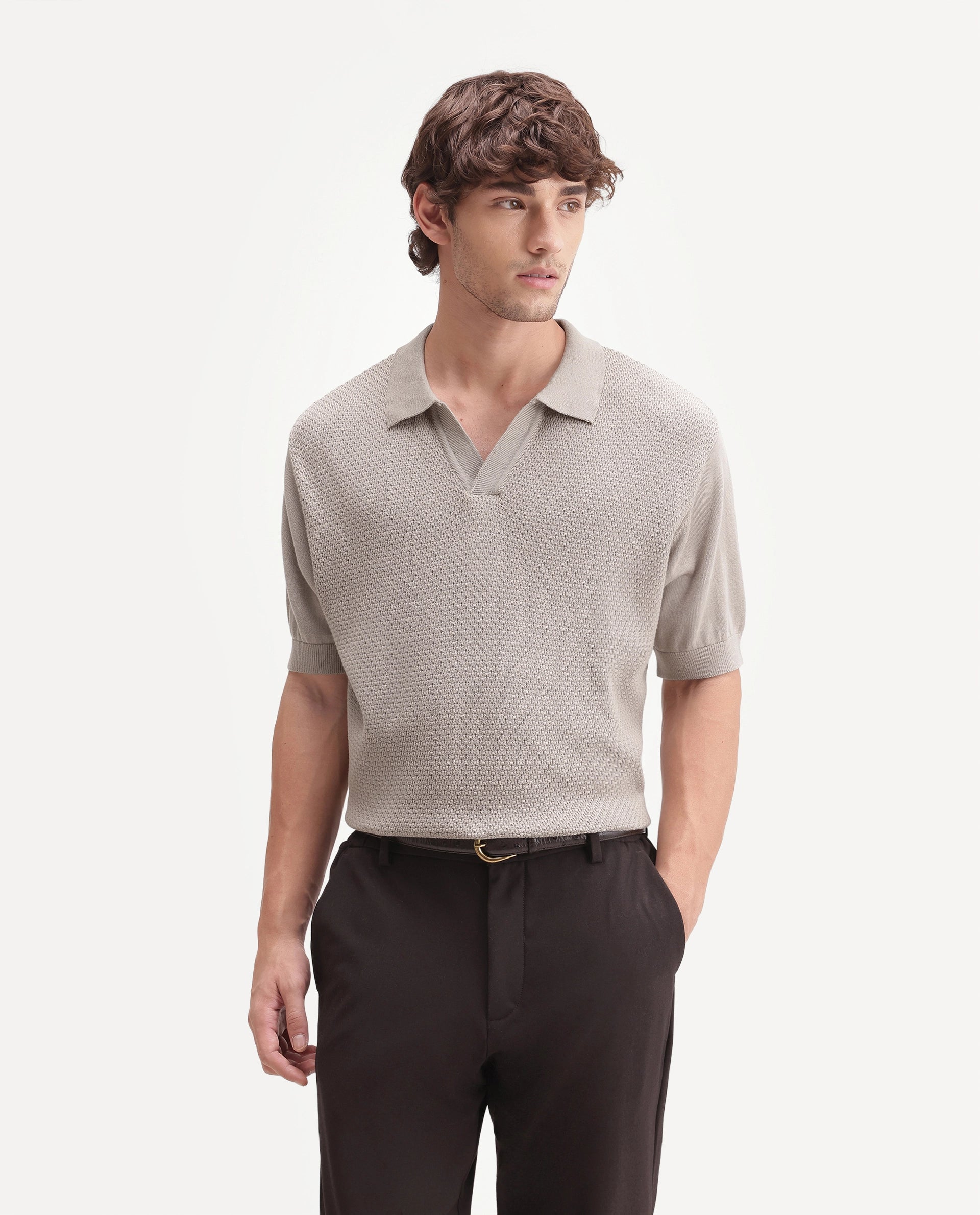 Rare Rabbit Men's Zegot Primary Beige Cotton Johnny Collar Regular Textured Polo