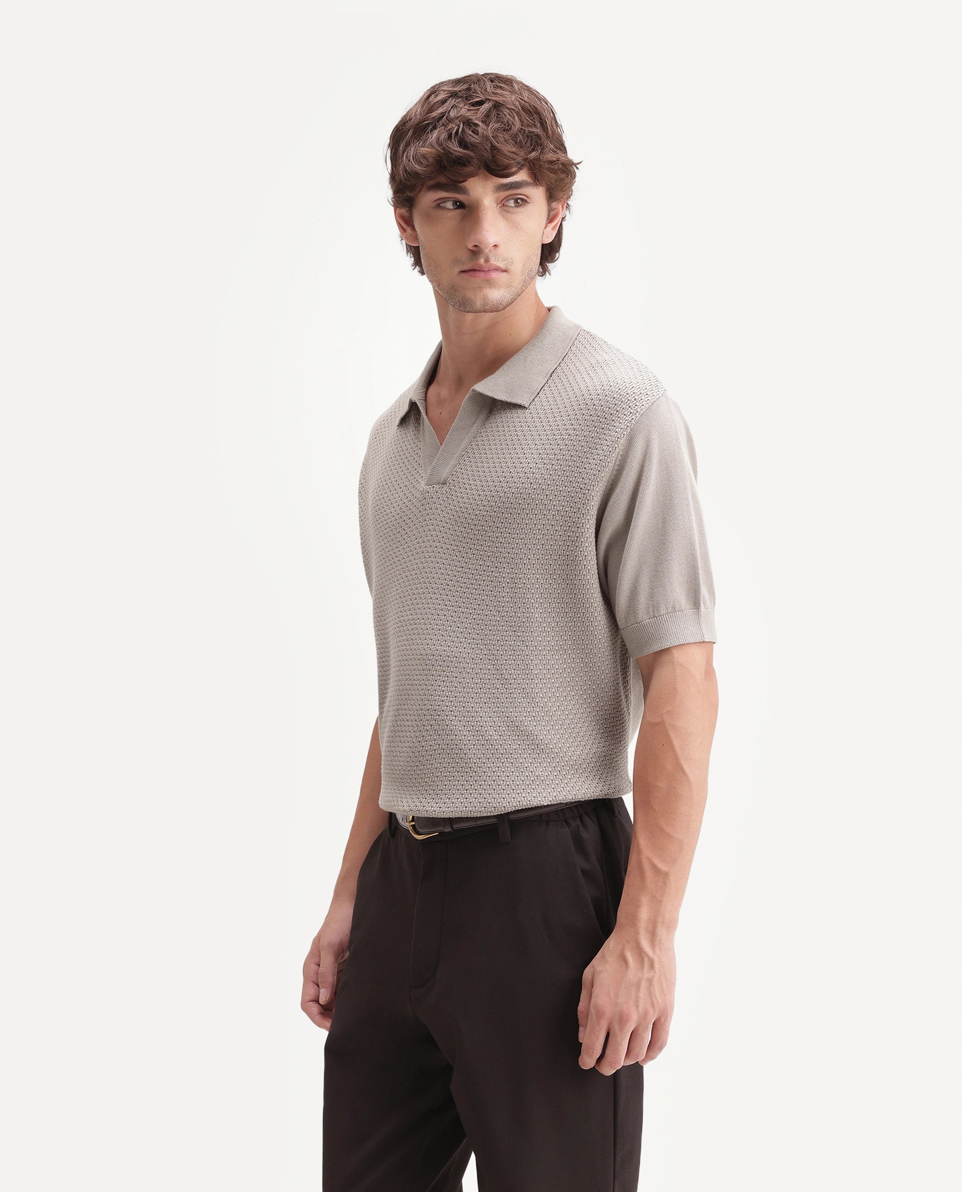 Rare Rabbit Men's Zegot Primary Beige Cotton Johnny Collar Regular Textured Polo