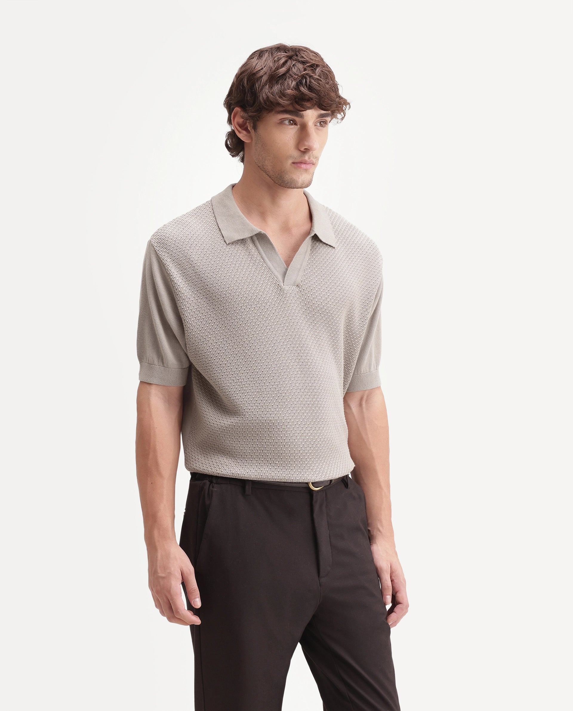 Rare Rabbit Men's Zegot Primary Beige Cotton Johnny Collar Regular Textured Polo