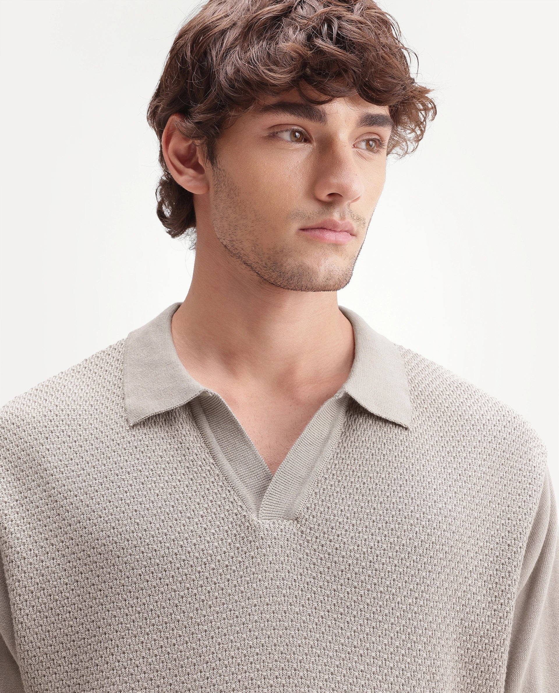 Rare Rabbit Men's Zegot Primary Beige Cotton Johnny Collar Regular Textured Polo