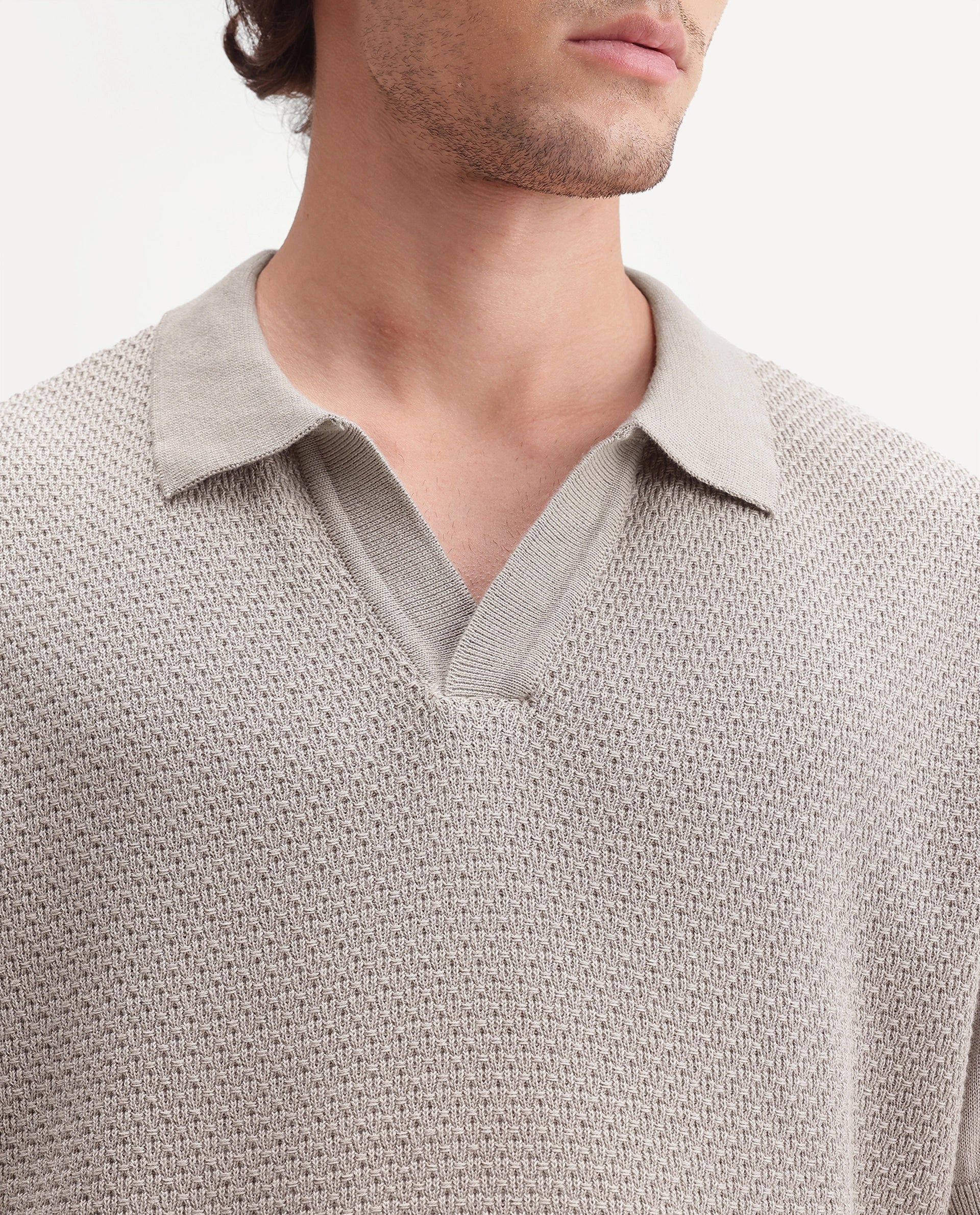 Rare Rabbit Men's Zegot Primary Beige Cotton Johnny Collar Regular Textured Polo