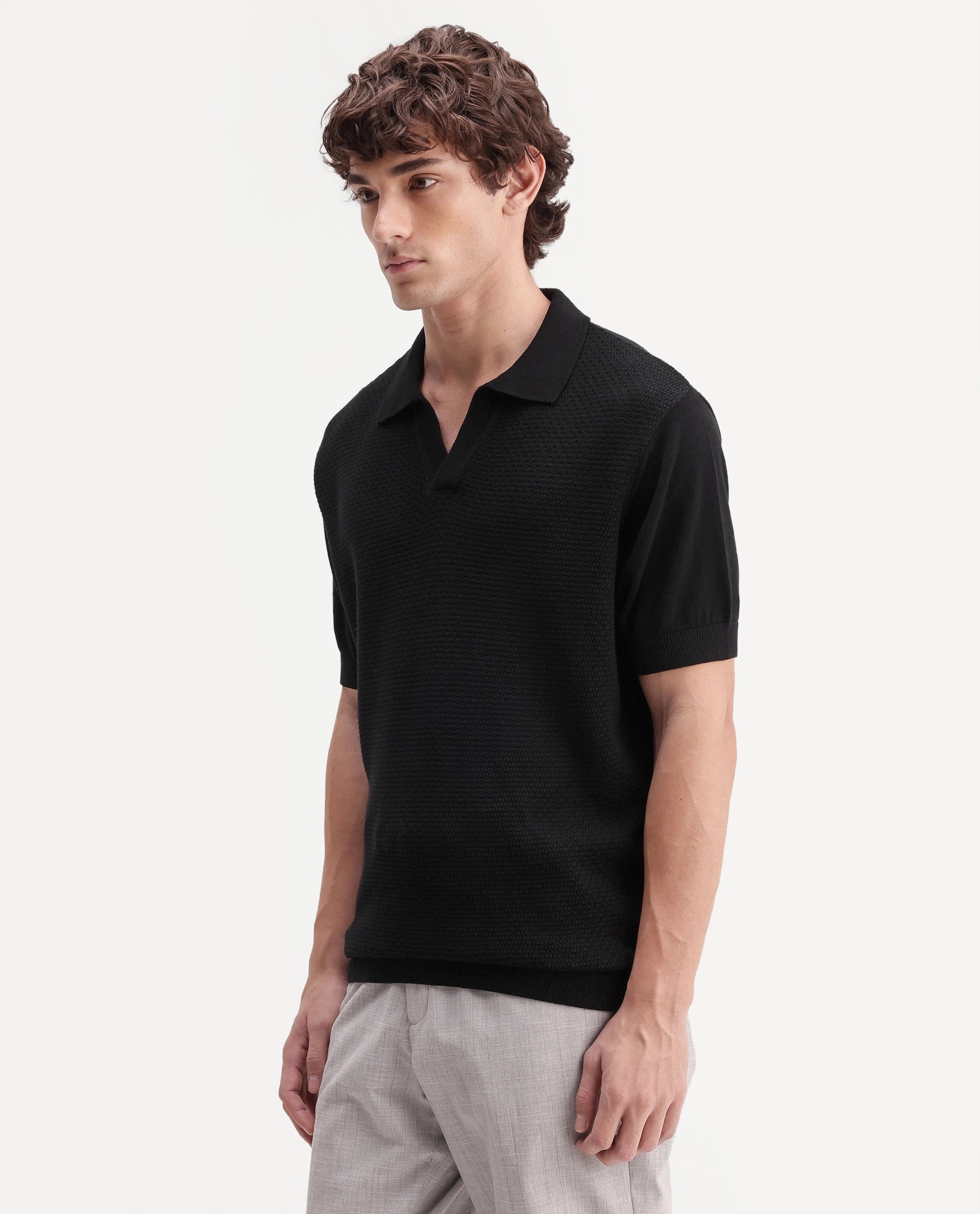 Rare Rabbit Men's Zegot Primary Black Cotton Johnny Collar Regular Textured Polo