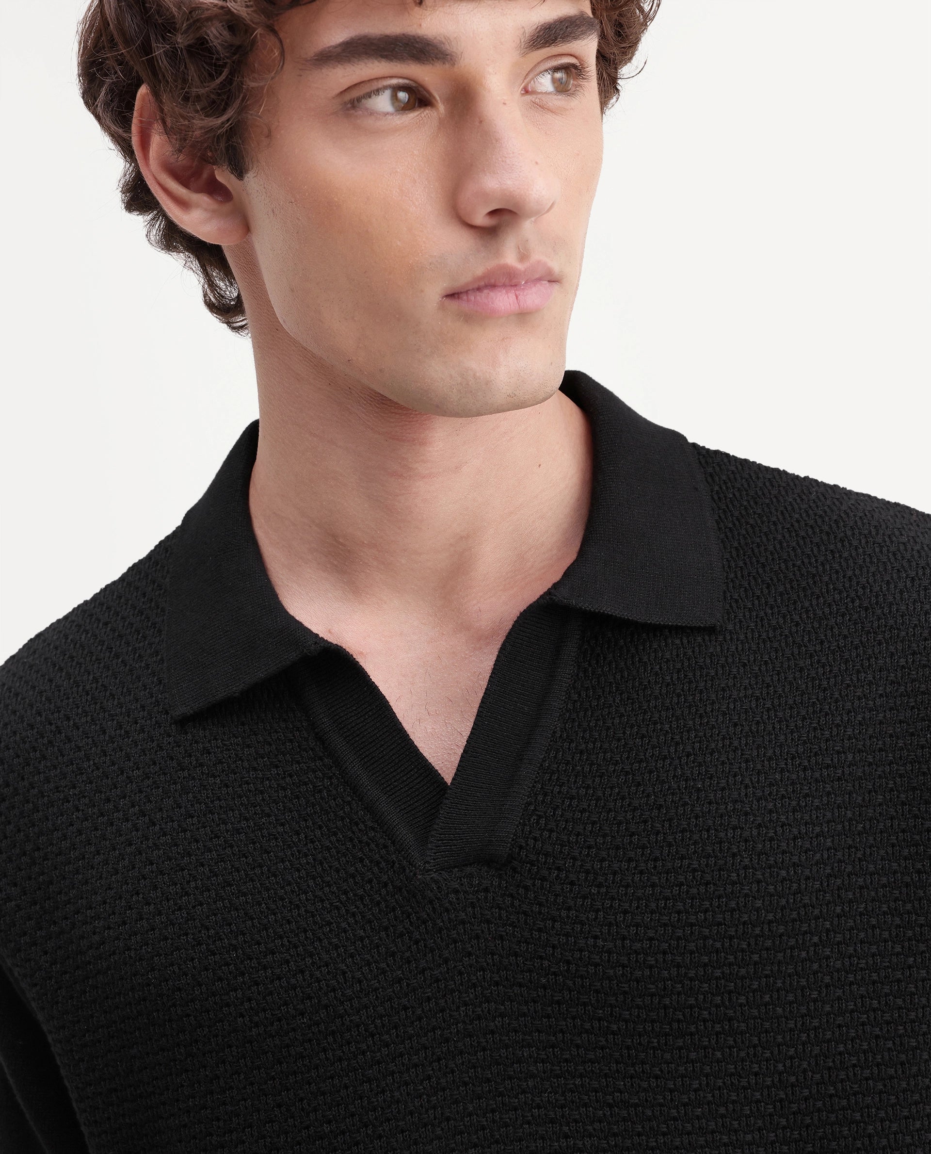 Rare Rabbit Men's Zegot Primary Black Cotton Johnny Collar Regular Textured Polo