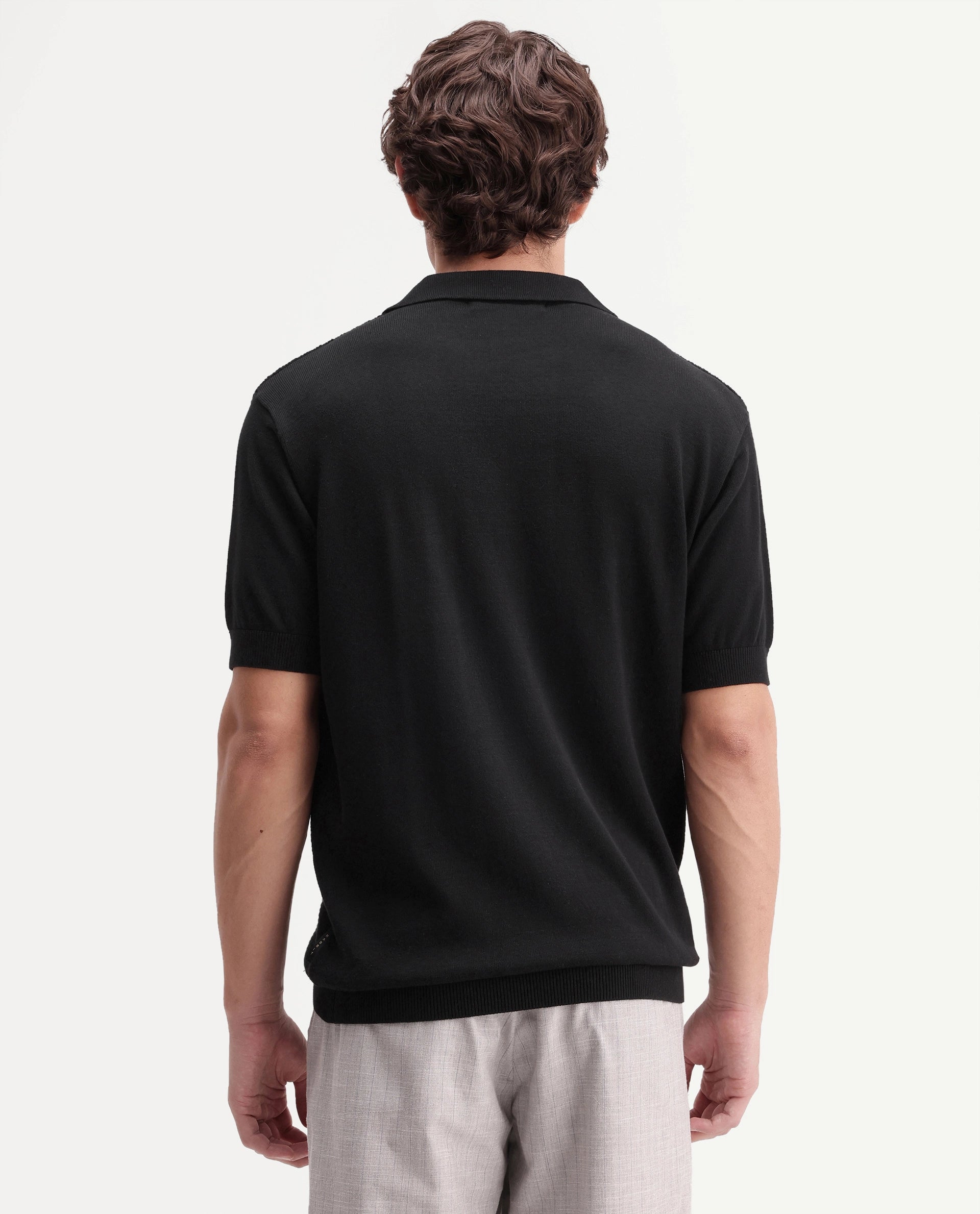 Rare Rabbit Men's Zegot Primary Black Cotton Johnny Collar Regular Textured Polo
