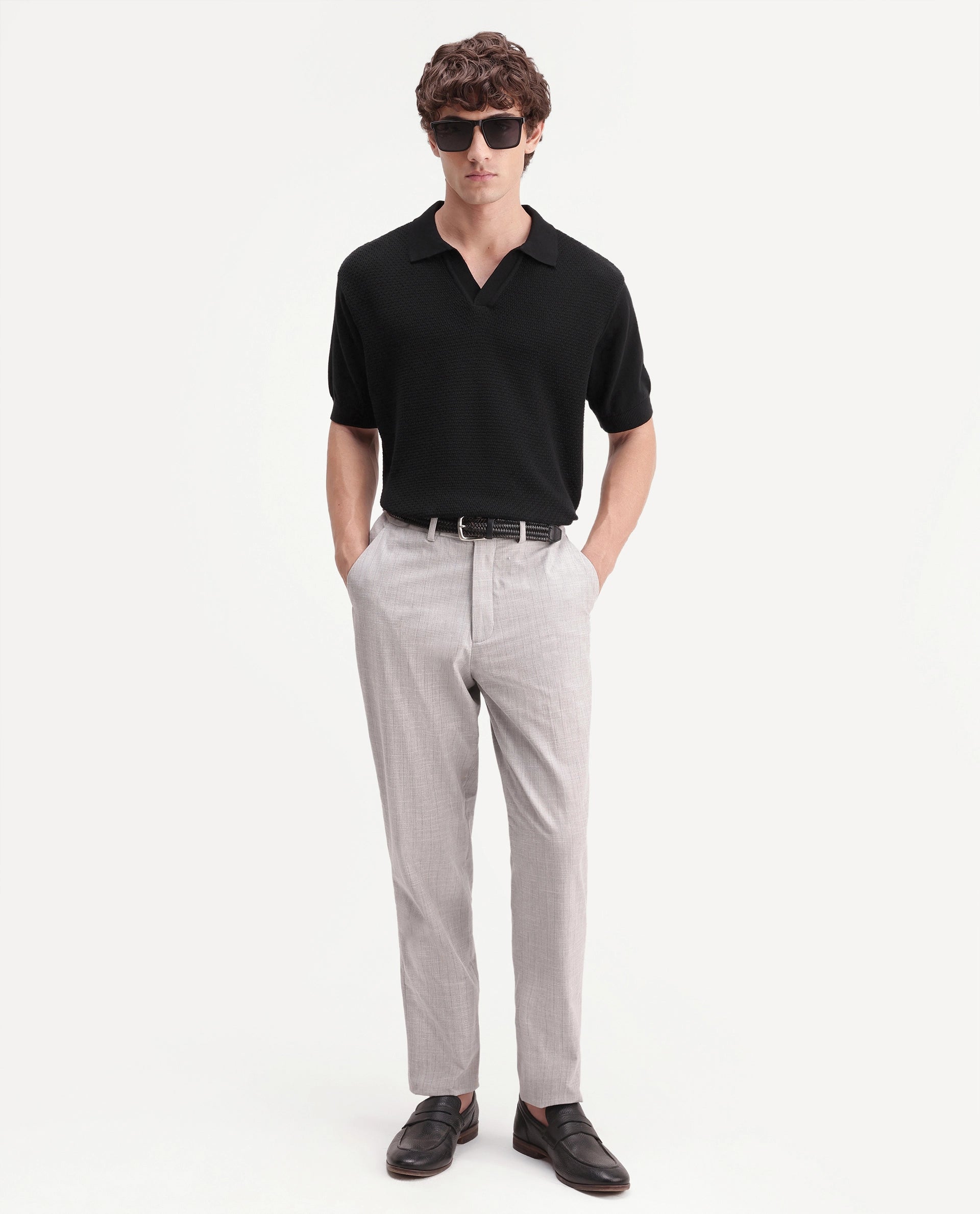 Rare Rabbit Men's Zegot Primary Black Cotton Johnny Collar Regular Textured Polo