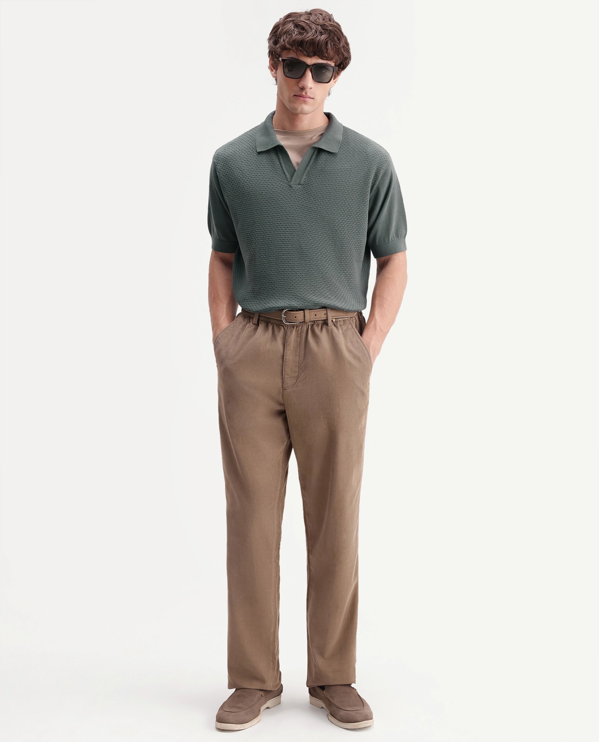 Rare Rabbit Men's Zegot Dark Green Cotton Johnny Collar Regular Textured Polo
