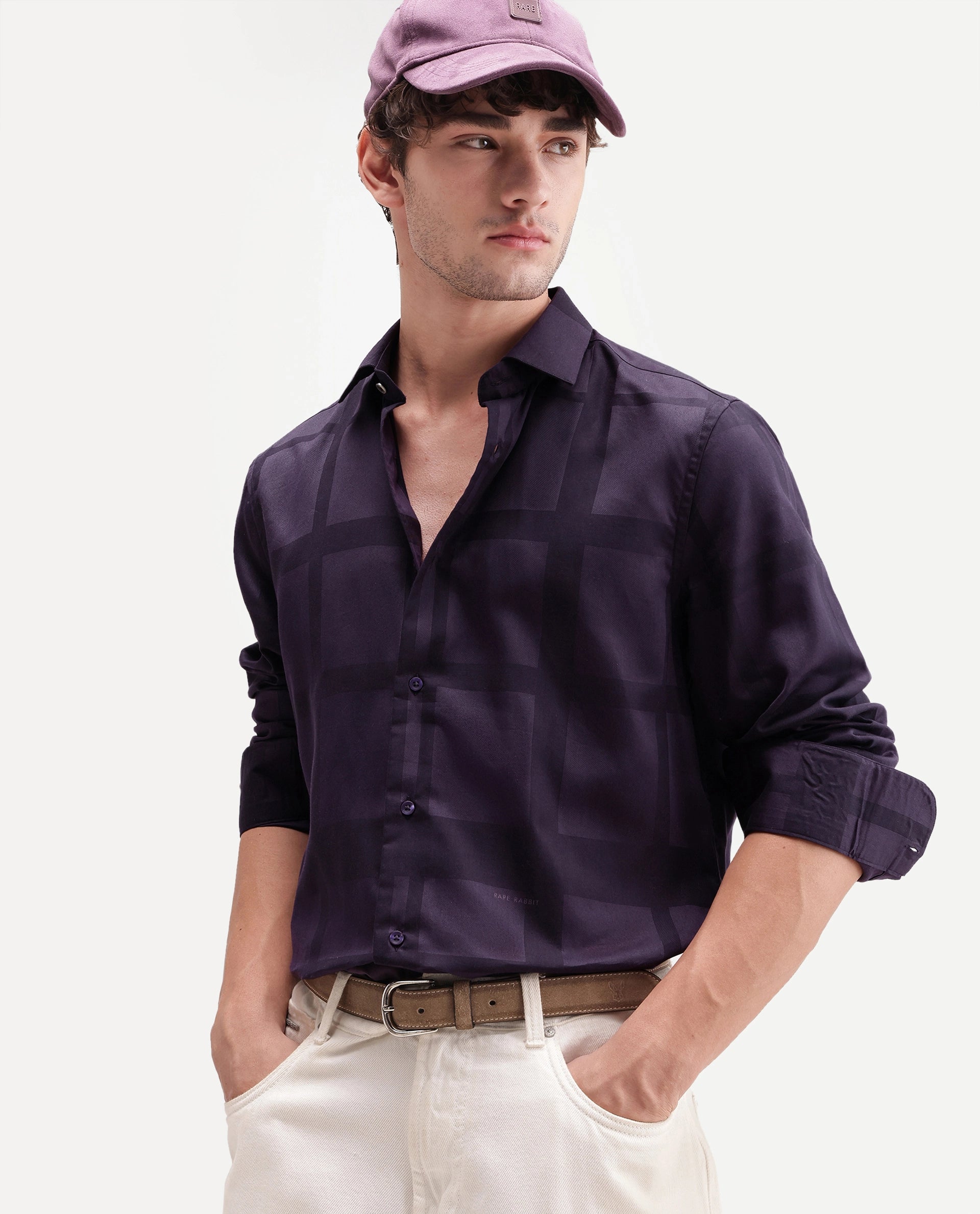 Rare Rabbit Men's Boxlet-Aw26 Dark Purple Cotton Blend Spread Collar Regular Fit Checked Shirt