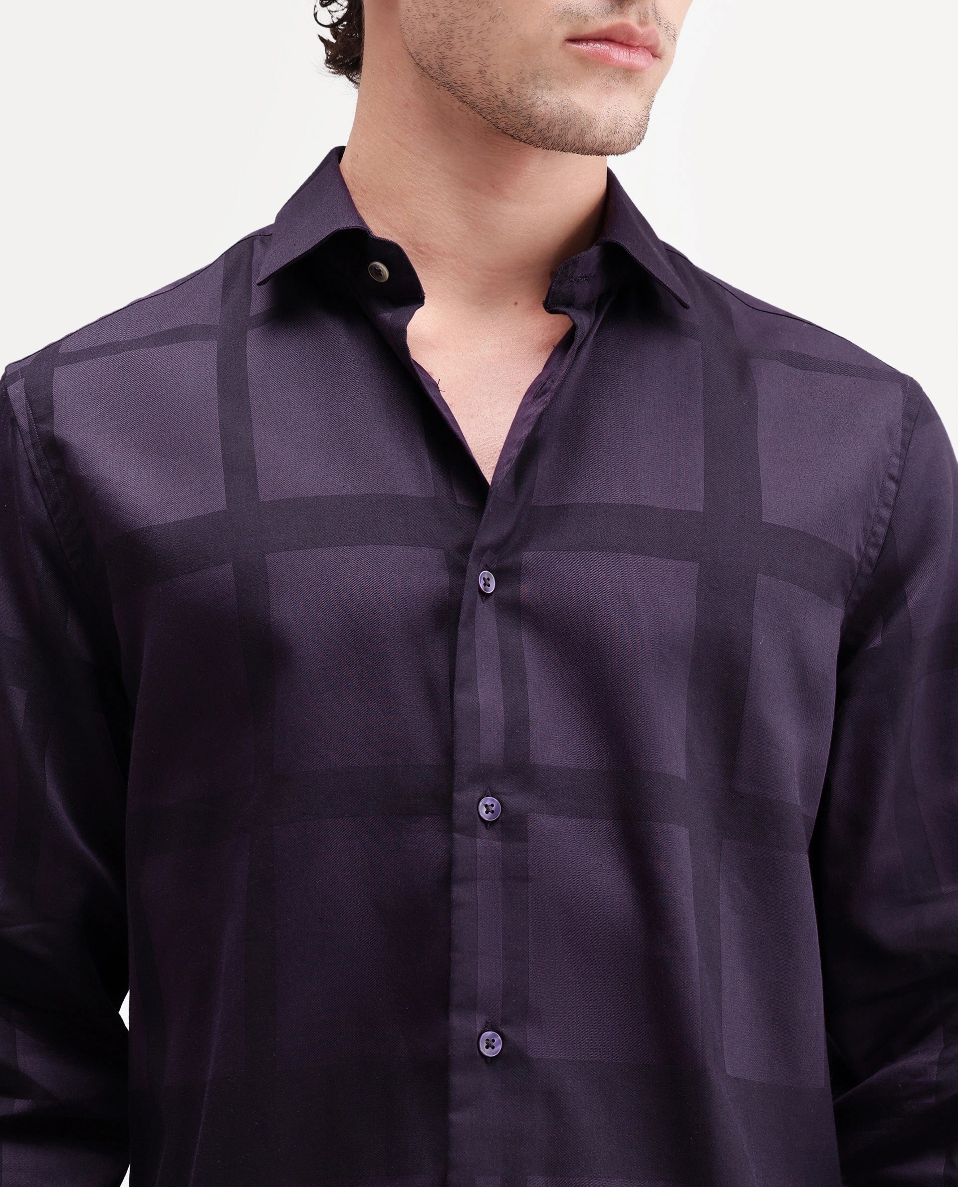 Rare Rabbit Men's Boxlet-Aw26 Dark Purple Cotton Blend Spread Collar Regular Fit Checked Shirt