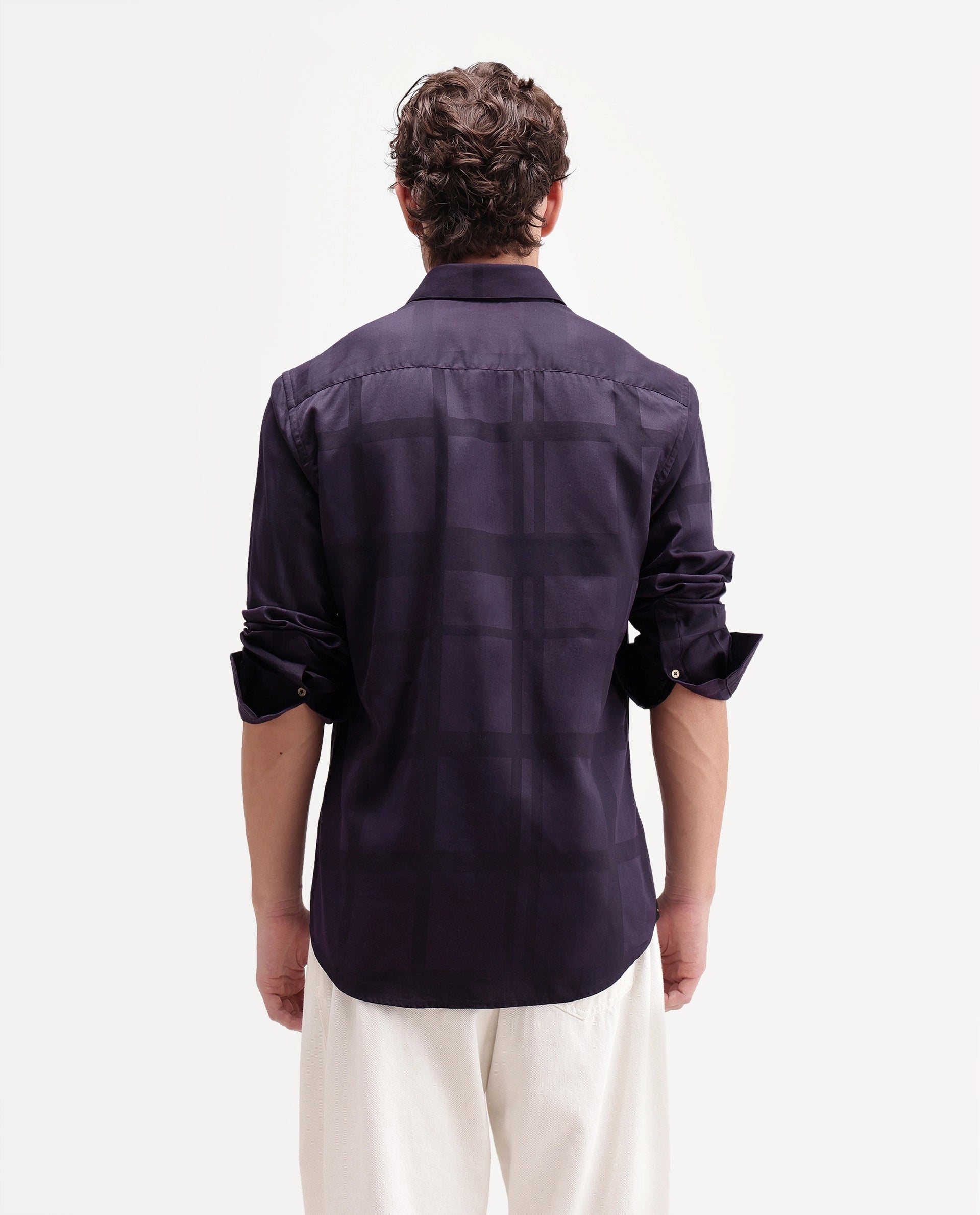 Rare Rabbit Men's Boxlet-Aw26 Dark Purple Cotton Blend Spread Collar Regular Fit Checked Shirt