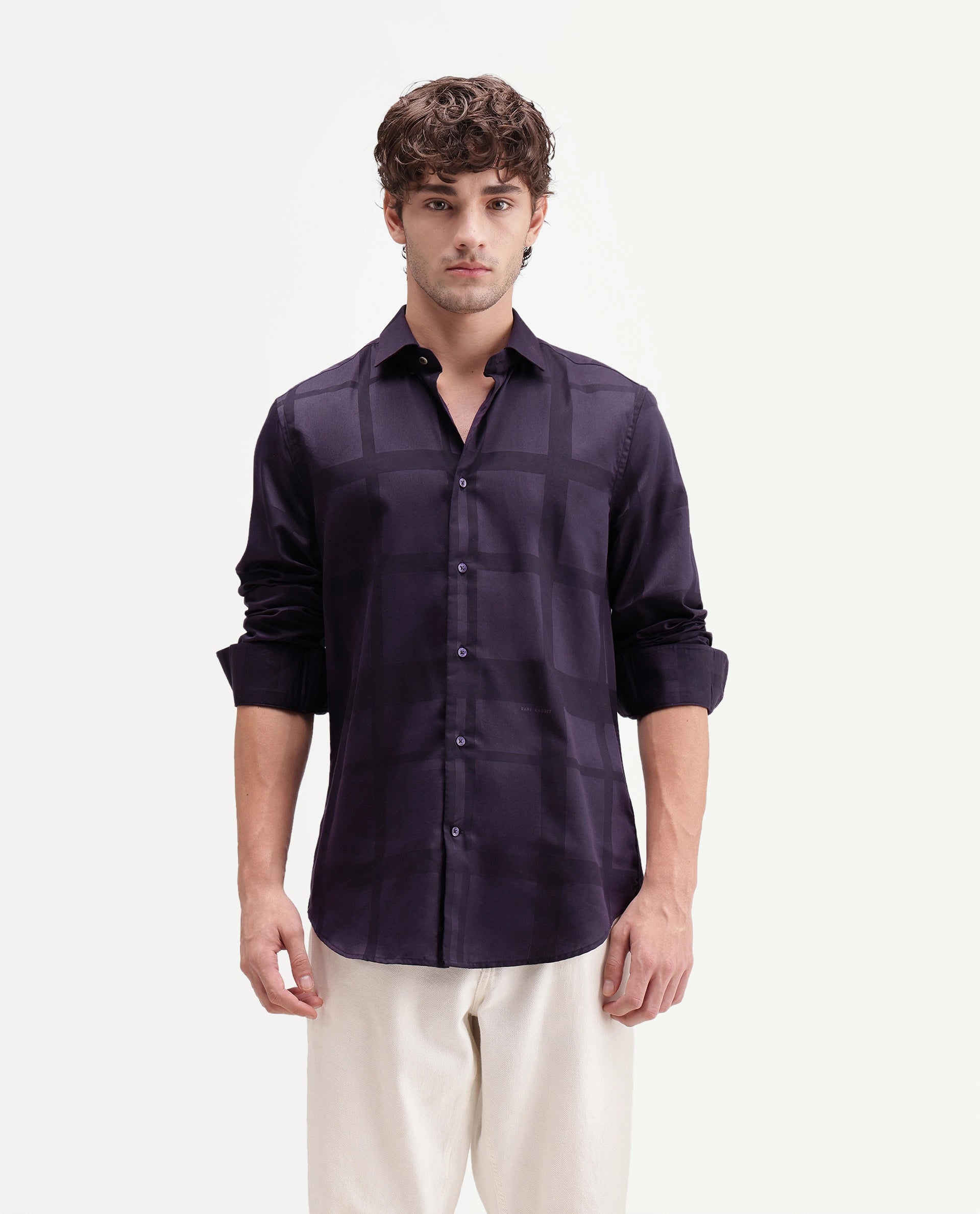 Rare Rabbit Men's Boxlet-Aw26 Dark Purple Cotton Blend Spread Collar Regular Fit Checked Shirt