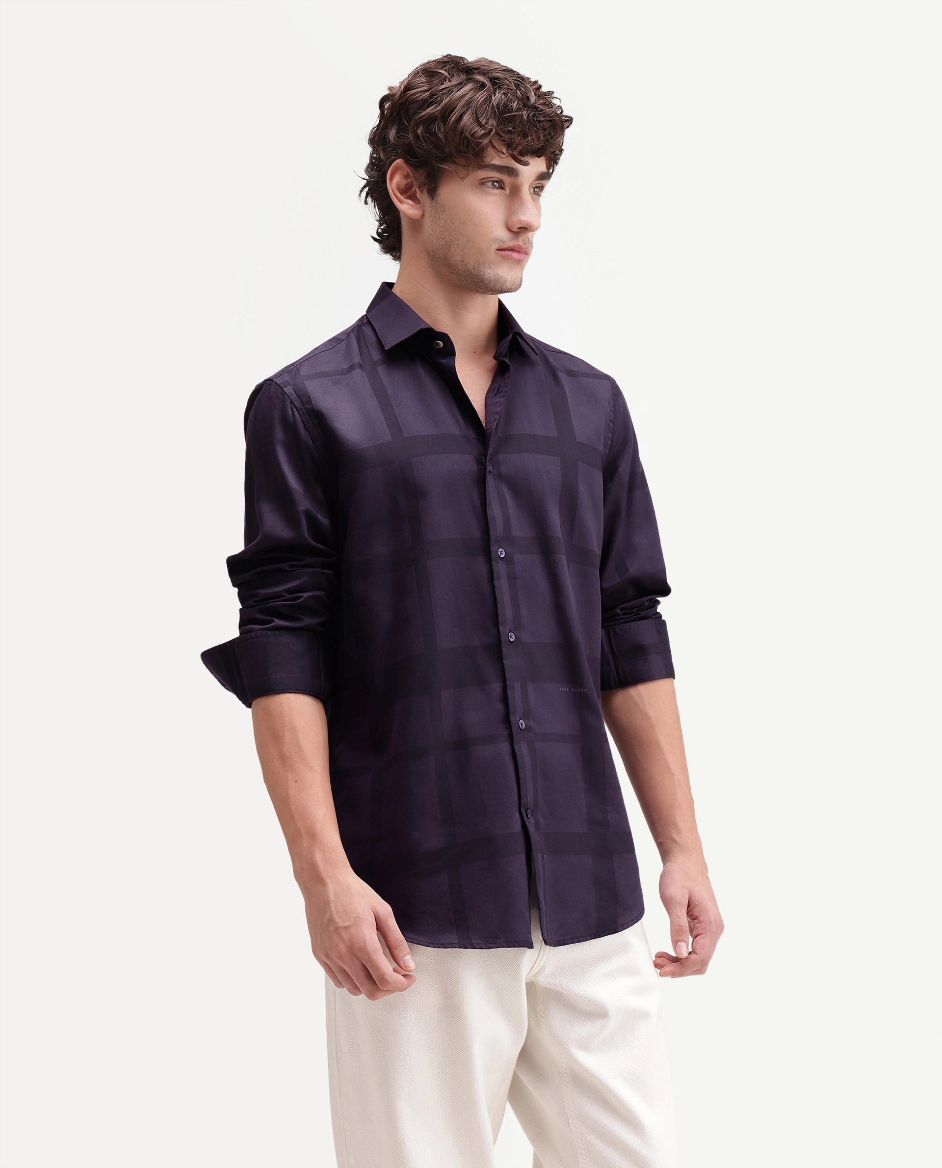 Rare Rabbit Men's Boxlet-Aw26 Dark Purple Cotton Blend Spread Collar Regular Fit Checked Shirt