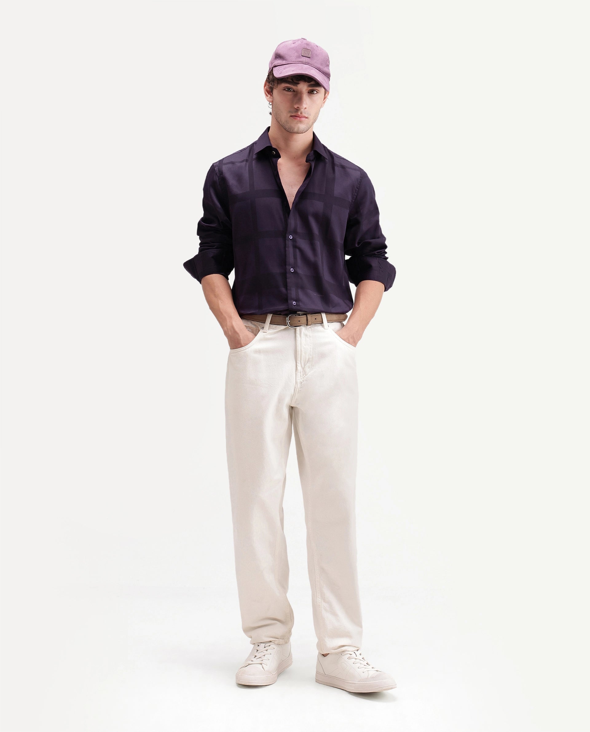 Rare Rabbit Men's Boxlet-Aw26 Dark Purple Cotton Blend Spread Collar Regular Fit Checked Shirt