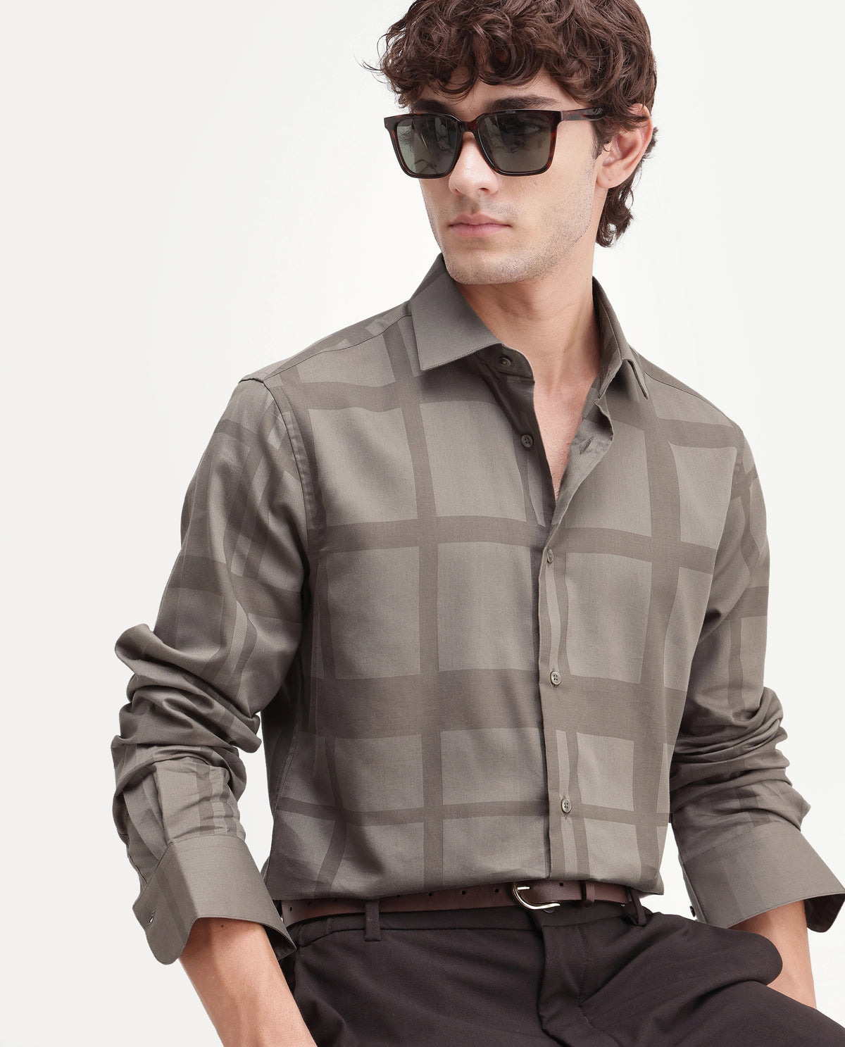 Rare Rabbit Men's Boxlet-Aw26 Dusky Beige Cotton Blend Spread Collar Regular Fit Checked Shirt