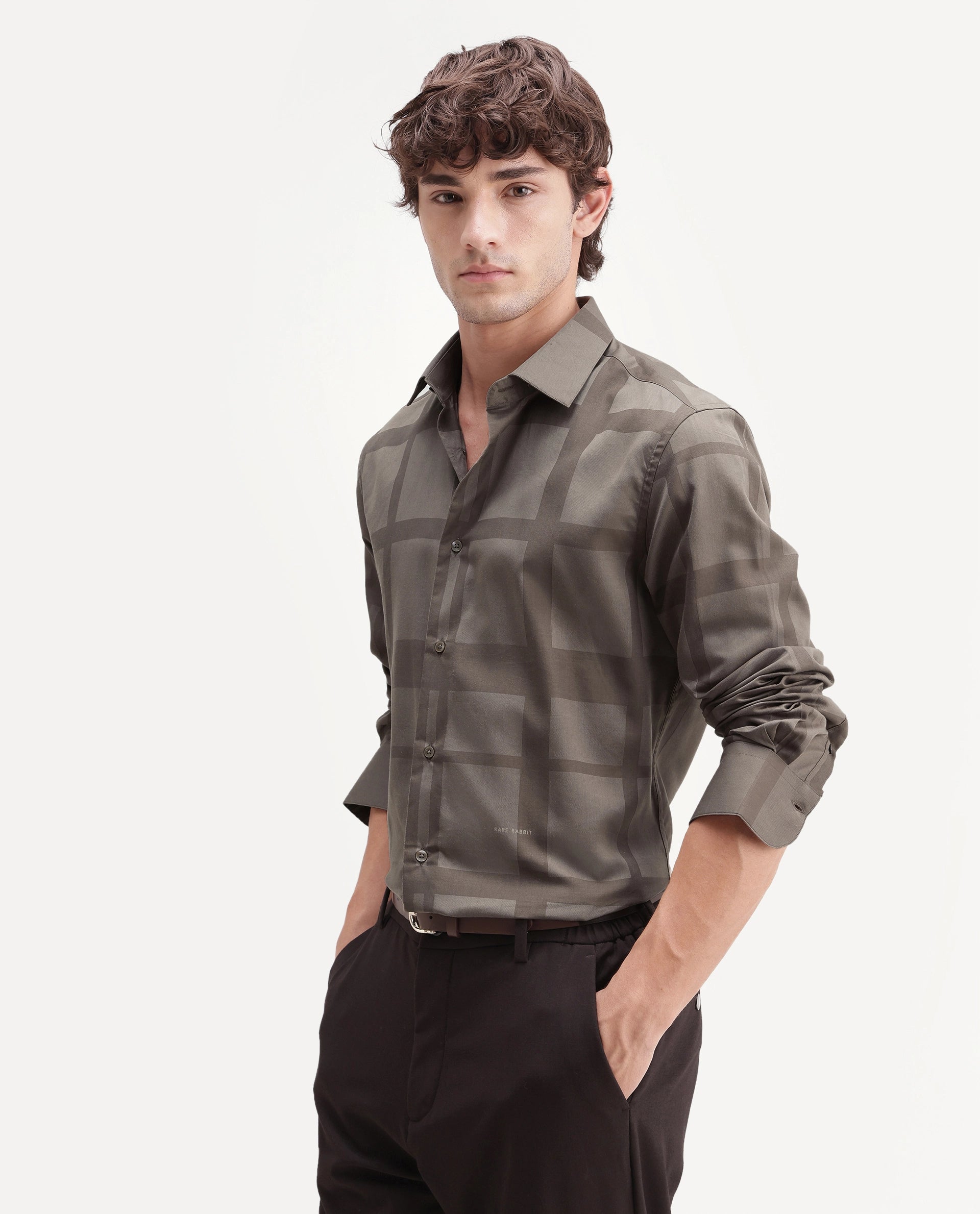 Rare Rabbit Men's Boxlet-Aw26 Dusky Beige Cotton Blend Spread Collar Regular Fit Checked Shirt