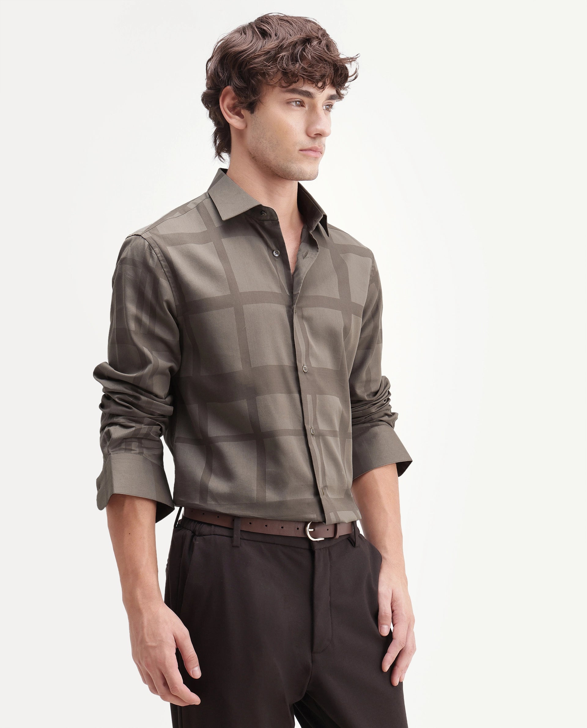 Rare Rabbit Men's Boxlet-Aw26 Dusky Beige Cotton Blend Spread Collar Regular Fit Checked Shirt