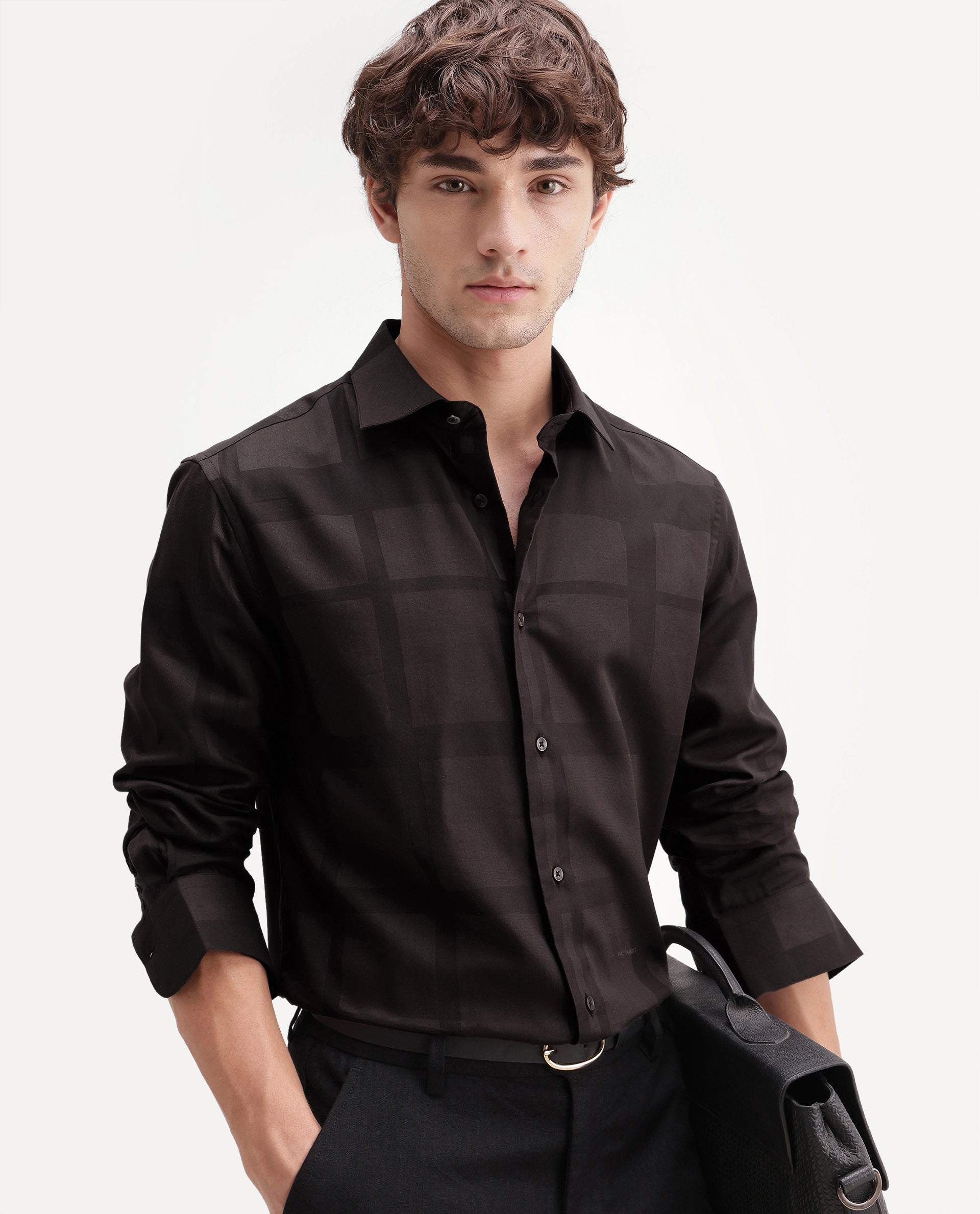Rare Rabbit Men's Boxlet-Aw26 Brown Cotton Blend Spread Collar Regular Fit Plain Shirt