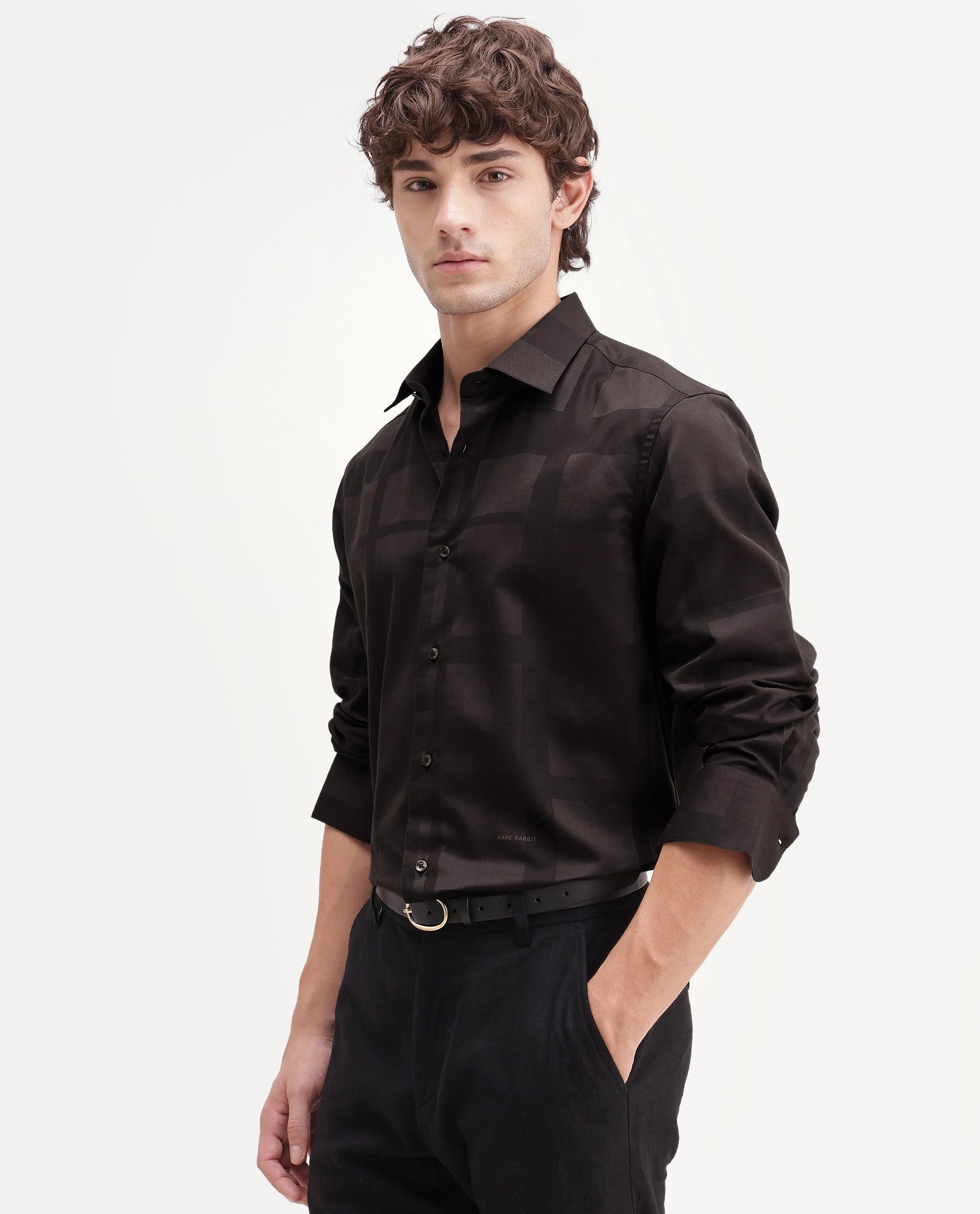 Rare Rabbit Men's Boxlet-Aw26 Brown Cotton Blend Spread Collar Regular Fit Plain Shirt