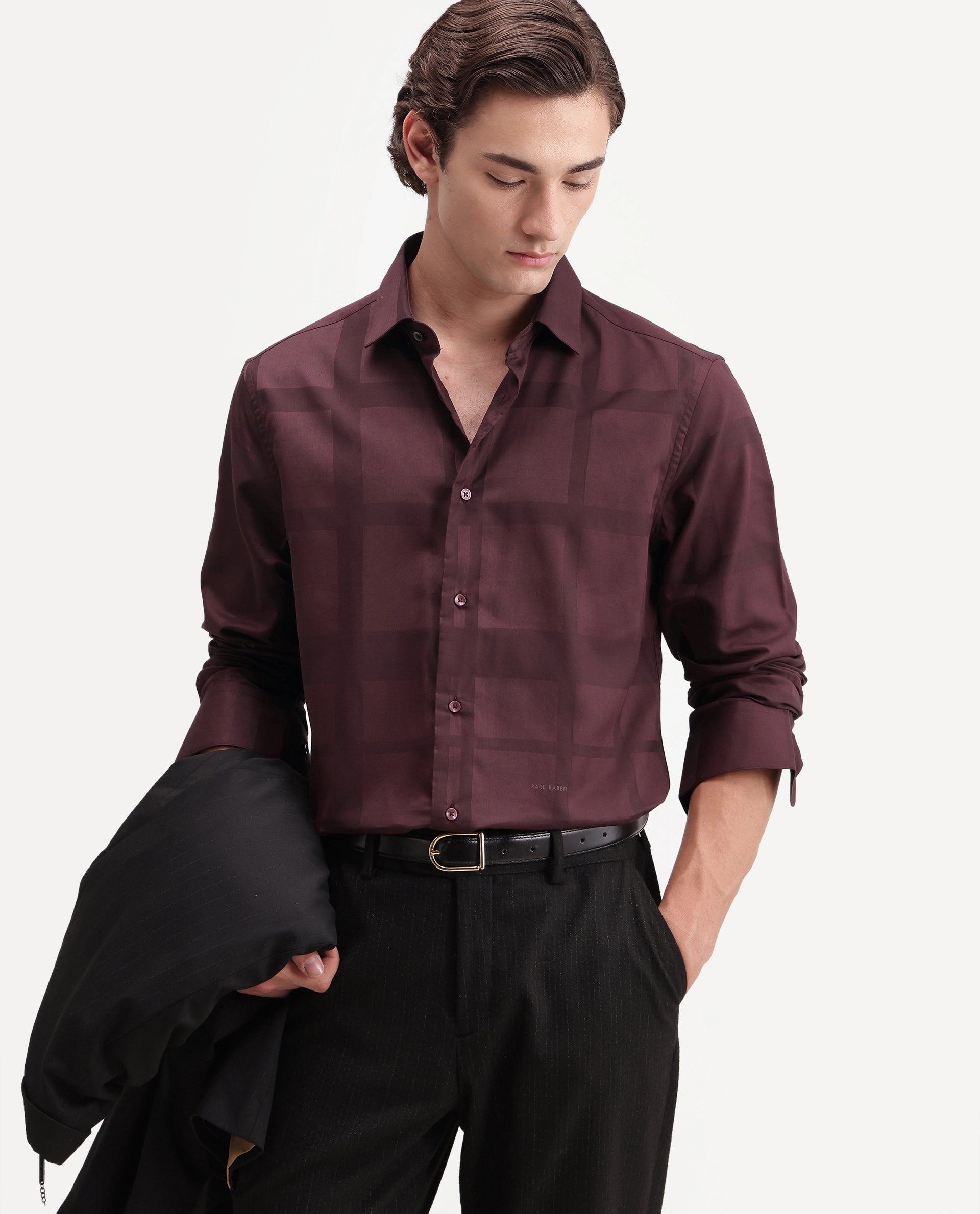 Rare Rabbit Men's Boxlet-Aw26 Dark Maroon Cotton Blend Spread Collar Regular Fit Checked Shirt
