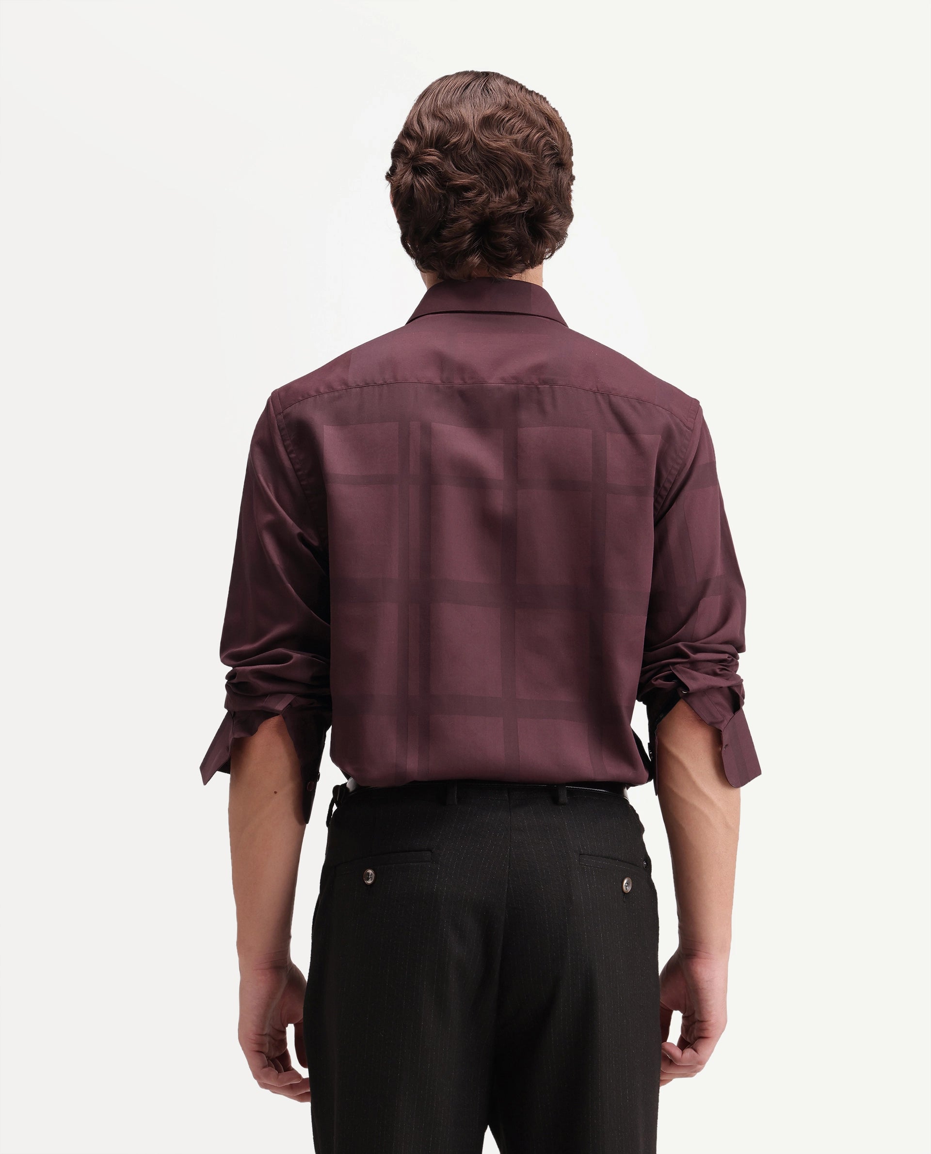 Rare Rabbit Men's Boxlet-Aw26 Dark Maroon Cotton Blend Spread Collar Regular Fit Checked Shirt