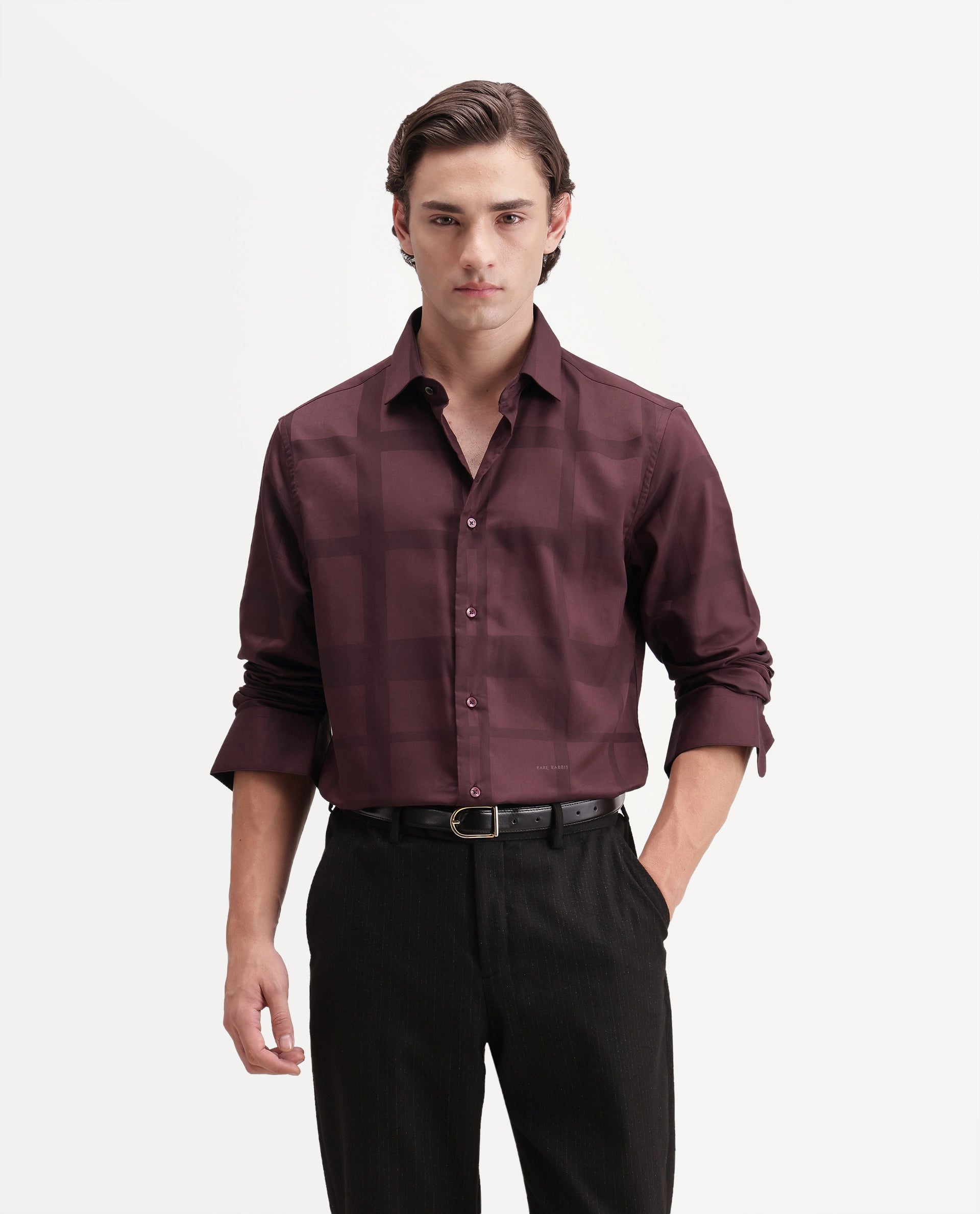 Rare Rabbit Men's Boxlet-Aw26 Dark Maroon Cotton Blend Spread Collar Regular Fit Checked Shirt