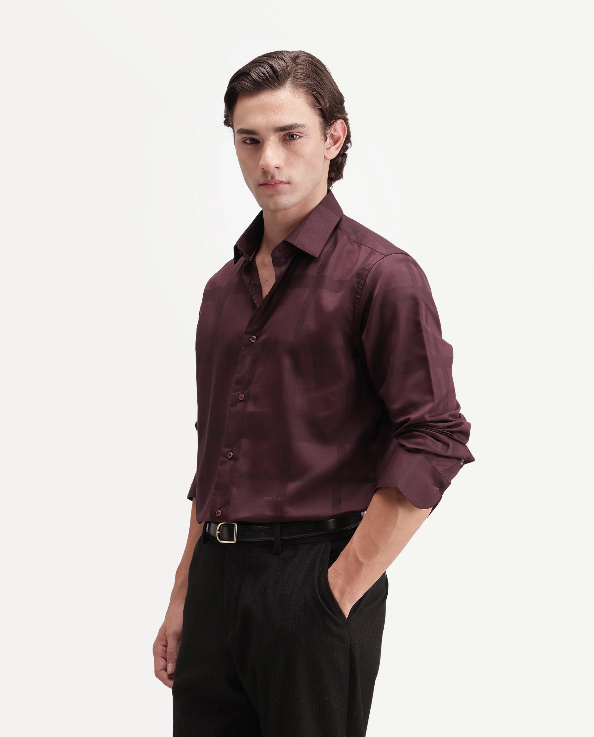 Rare Rabbit Men's Boxlet-Aw26 Dark Maroon Cotton Blend Spread Collar Regular Fit Checked Shirt