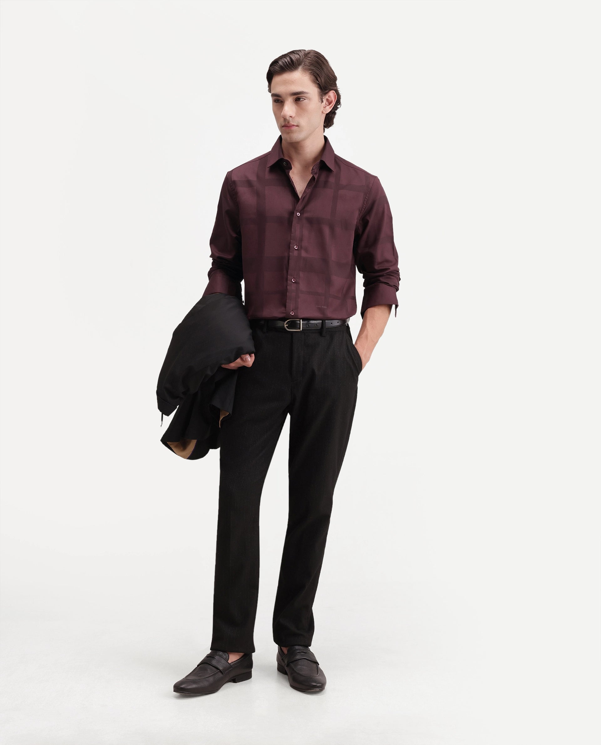 Rare Rabbit Men's Boxlet-Aw26 Dark Maroon Cotton Blend Spread Collar Regular Fit Checked Shirt