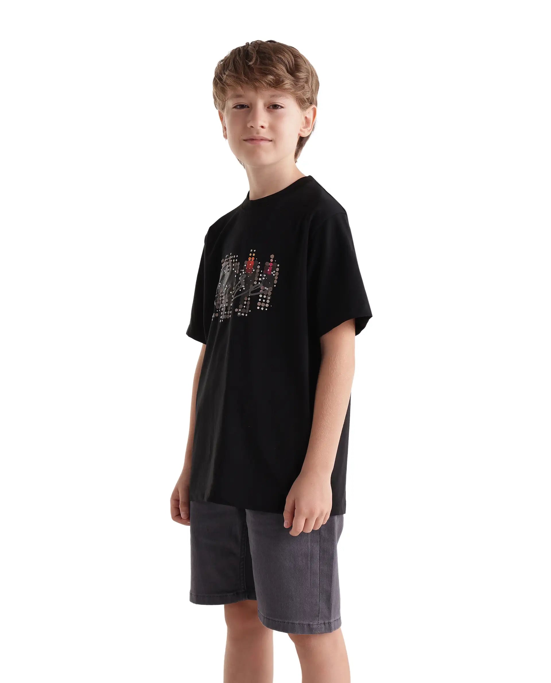 Rare Ones Kids Tive-K Black Cotton Blend Fabric Pull-On Closure Regular Fit Graphic Print T-Shirt