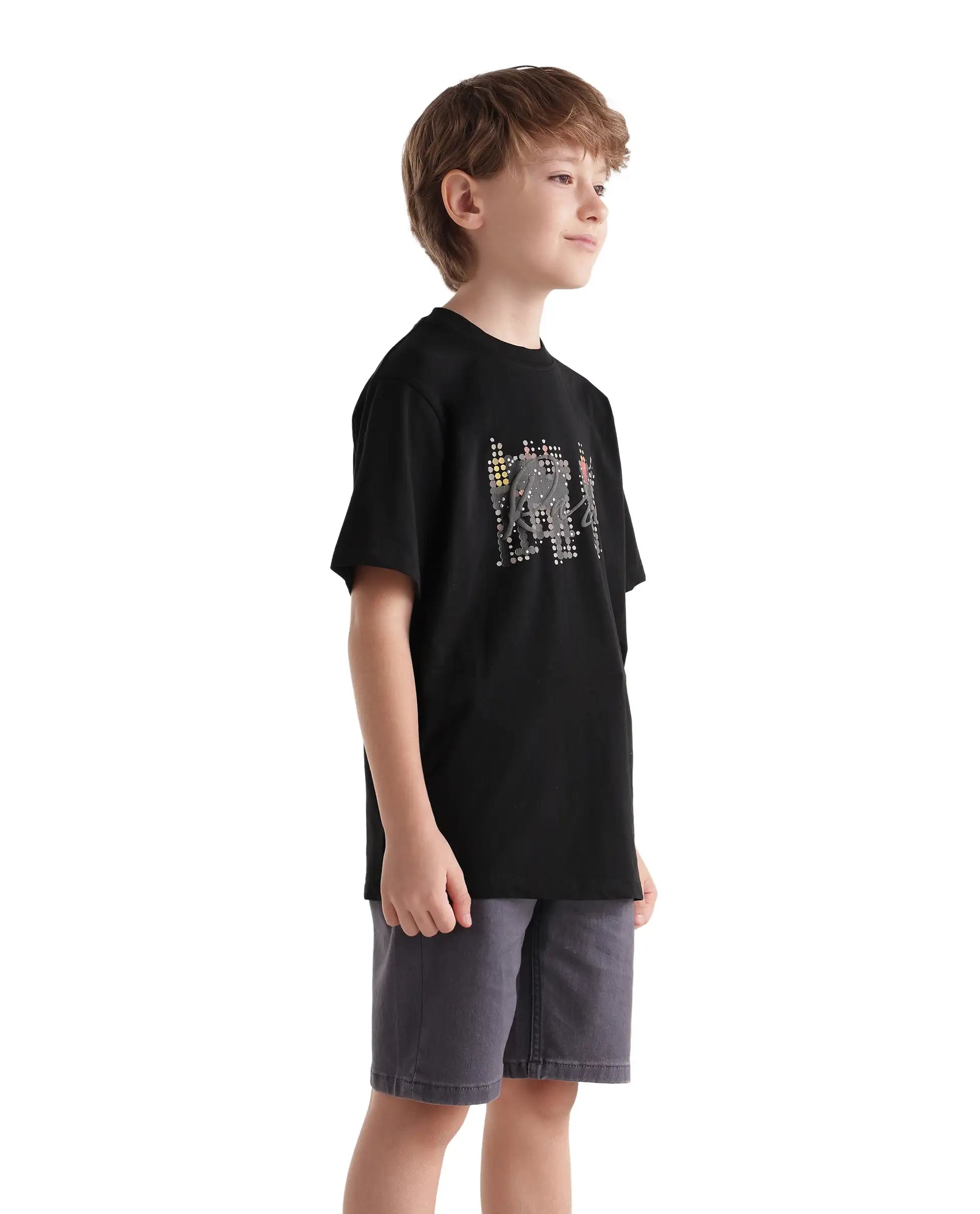 Rare Ones Kids Tive-K Black Cotton Blend Fabric Pull-On Closure Regular Fit Graphic Print T-Shirt