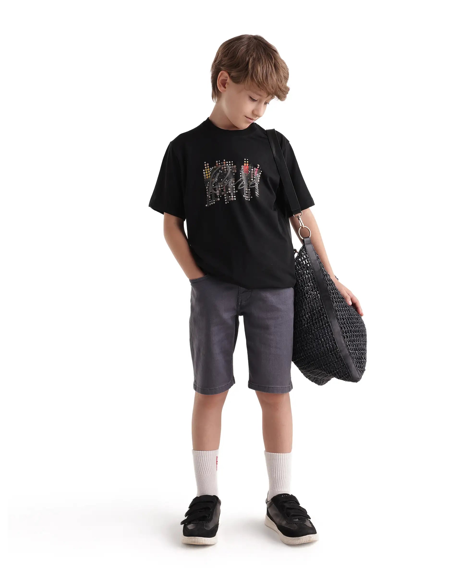 Rare Ones Kids Tive-K Black Cotton Blend Fabric Pull-On Closure Regular Fit Graphic Print T-Shirt