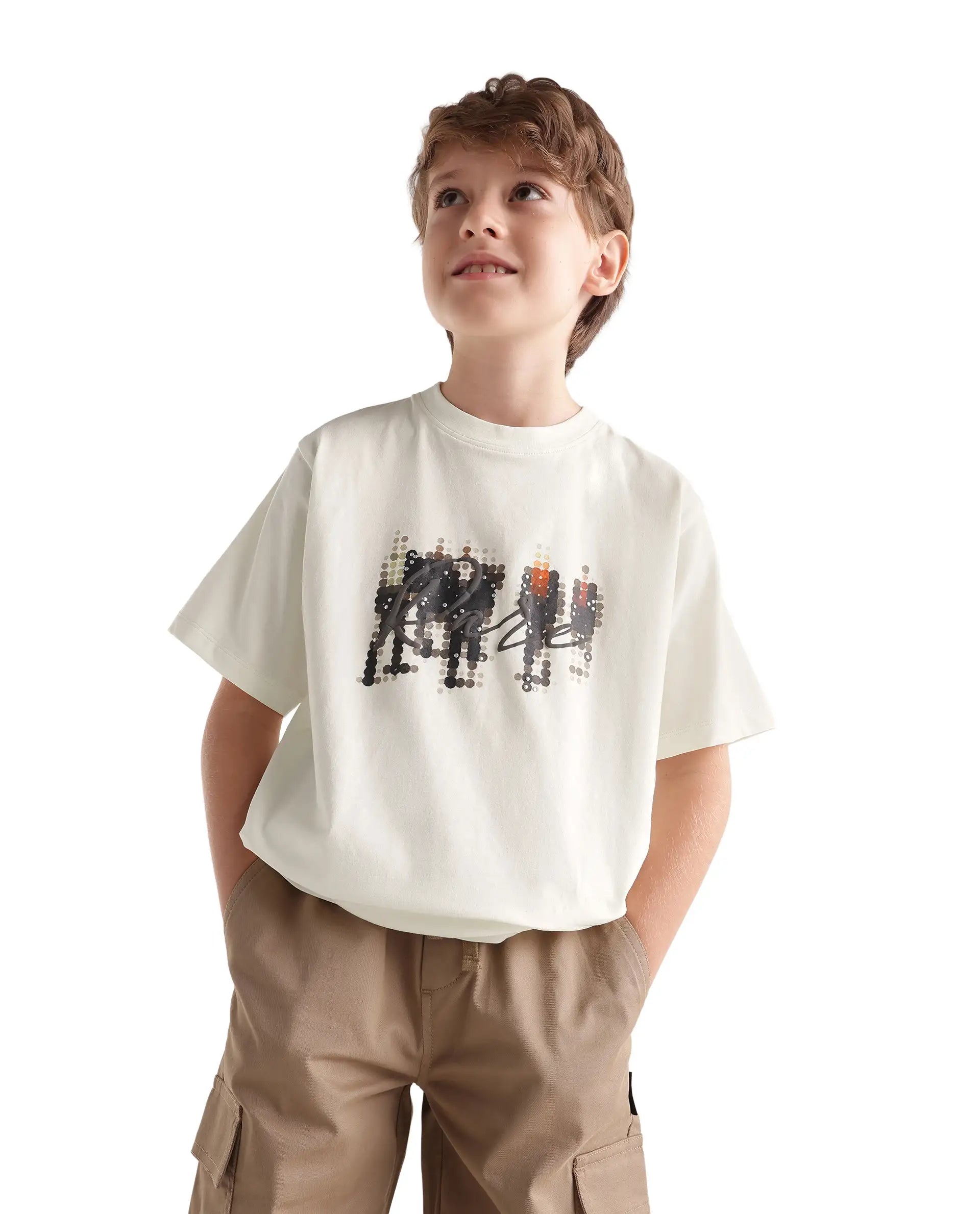 Rare Ones Kids Tive-K White Cotton Blend Fabric Pull-On Closure Regular Fit Graphic Print T-Shirt