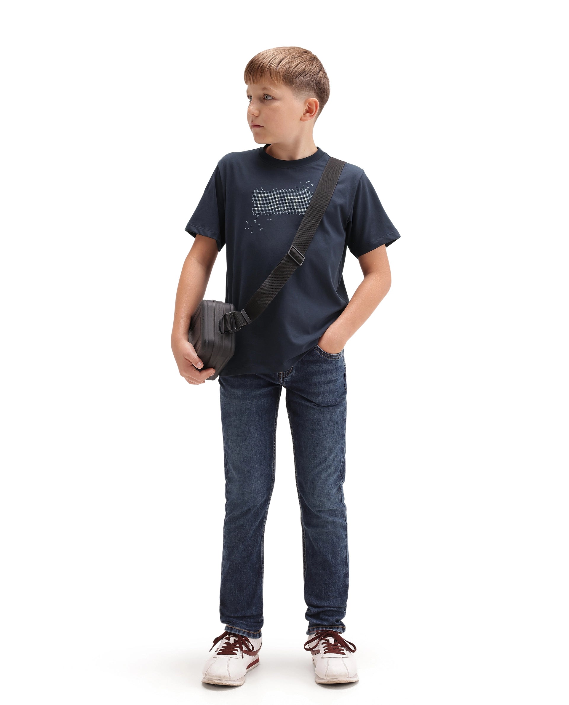 Rare Ones Kids Elyn Navy Cotton Blend Fabric Pull-On Closure Regular Fit Graphic Print T-Shirt