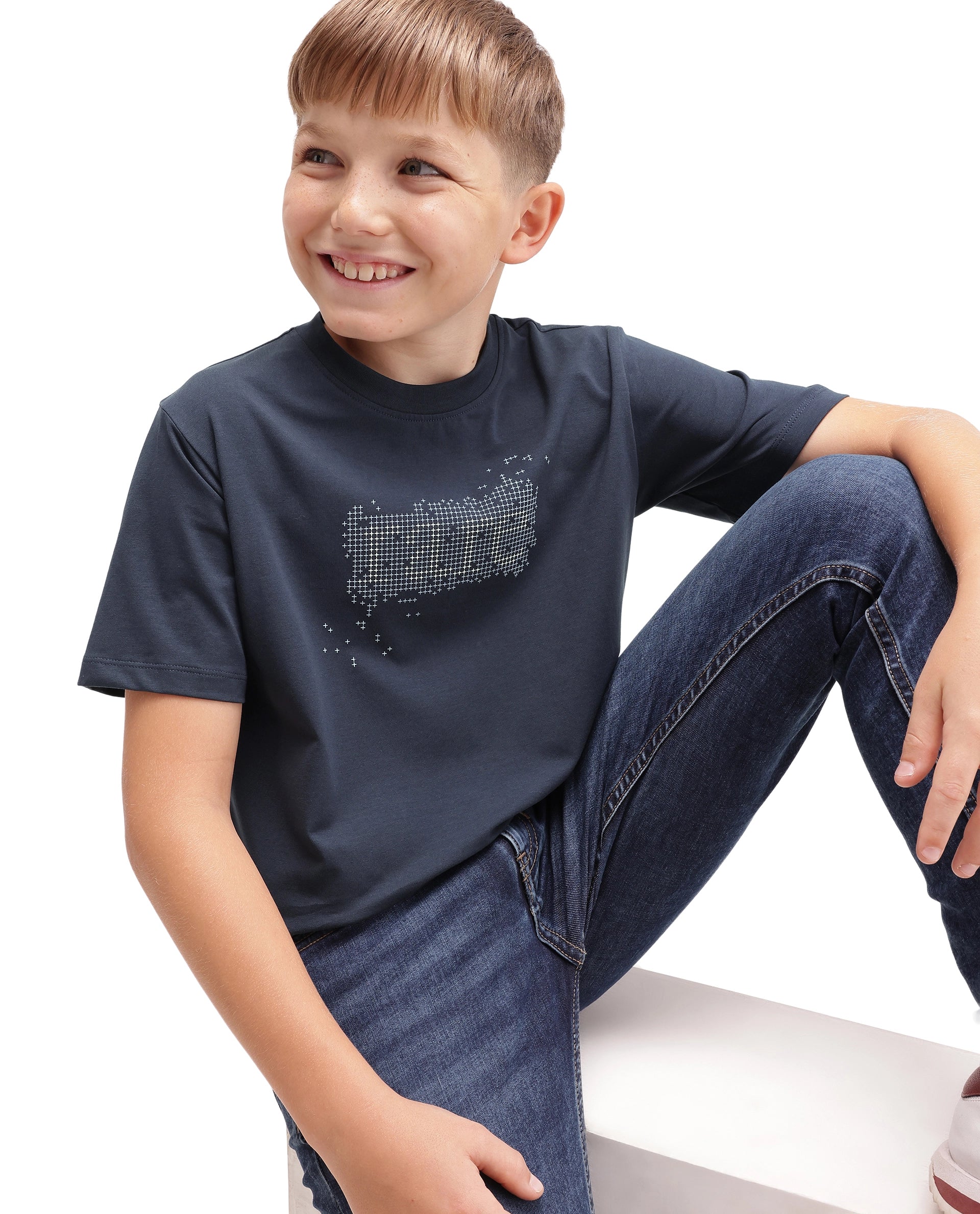 Rare Ones Kids Elyn Navy Cotton Blend Fabric Pull-On Closure Regular Fit Graphic Print T-Shirt