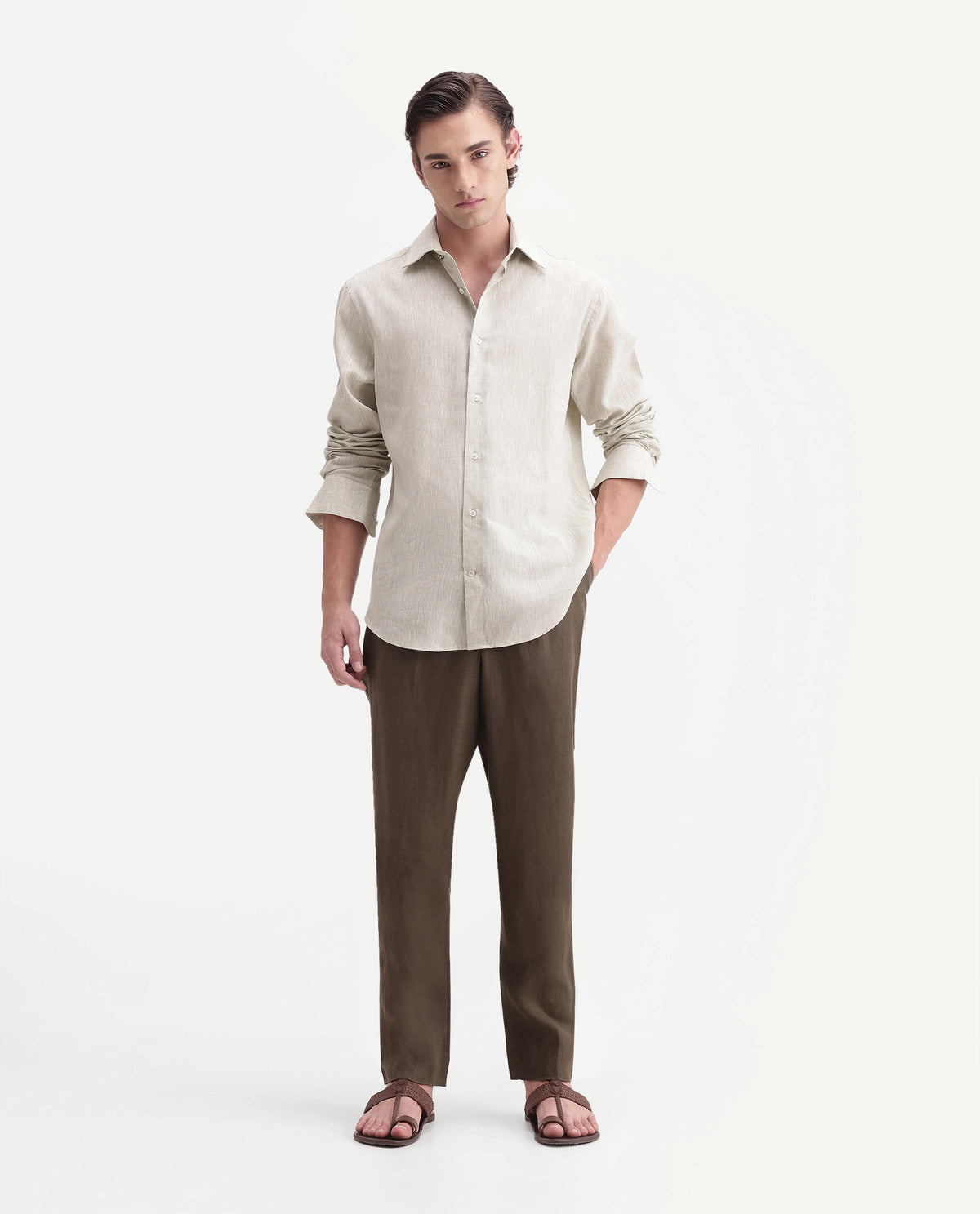 Rare Rabbit Men's Arcelo-A26 Olive 100% Linen Regular Fit Plain Trouser