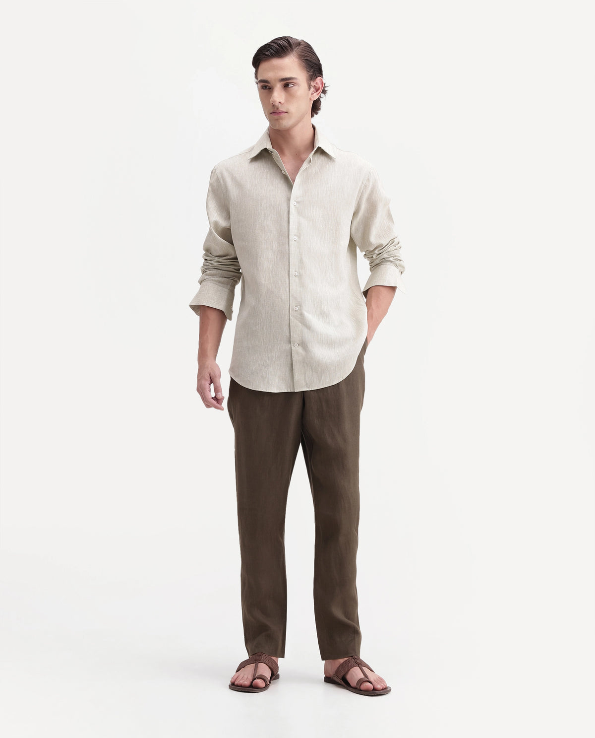 Rare Rabbit Men's Arcelo-A26 Olive 100% Linen Regular Fit Plain Trouser