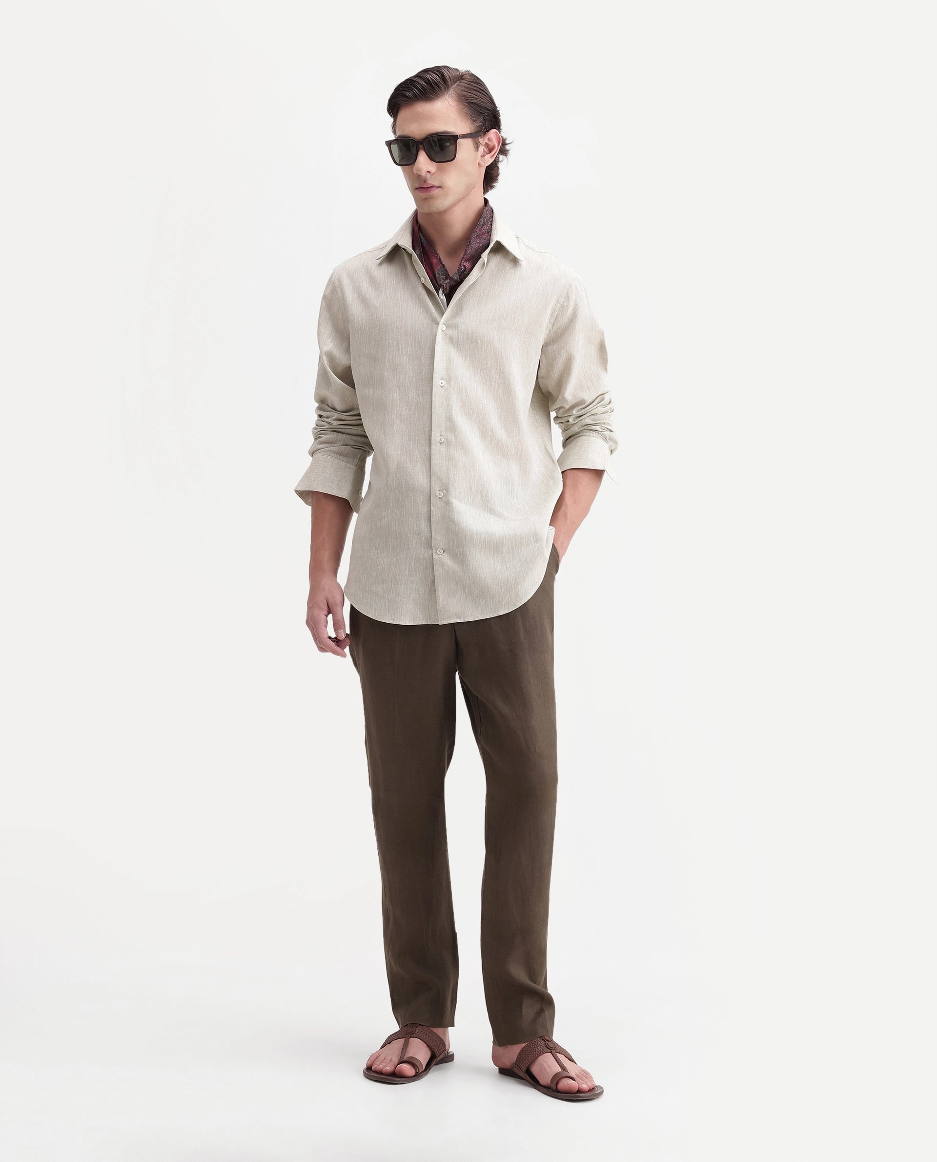 Rare Rabbit Men's Arcelo-A26 Olive 100% Linen Regular Fit Plain Trouser