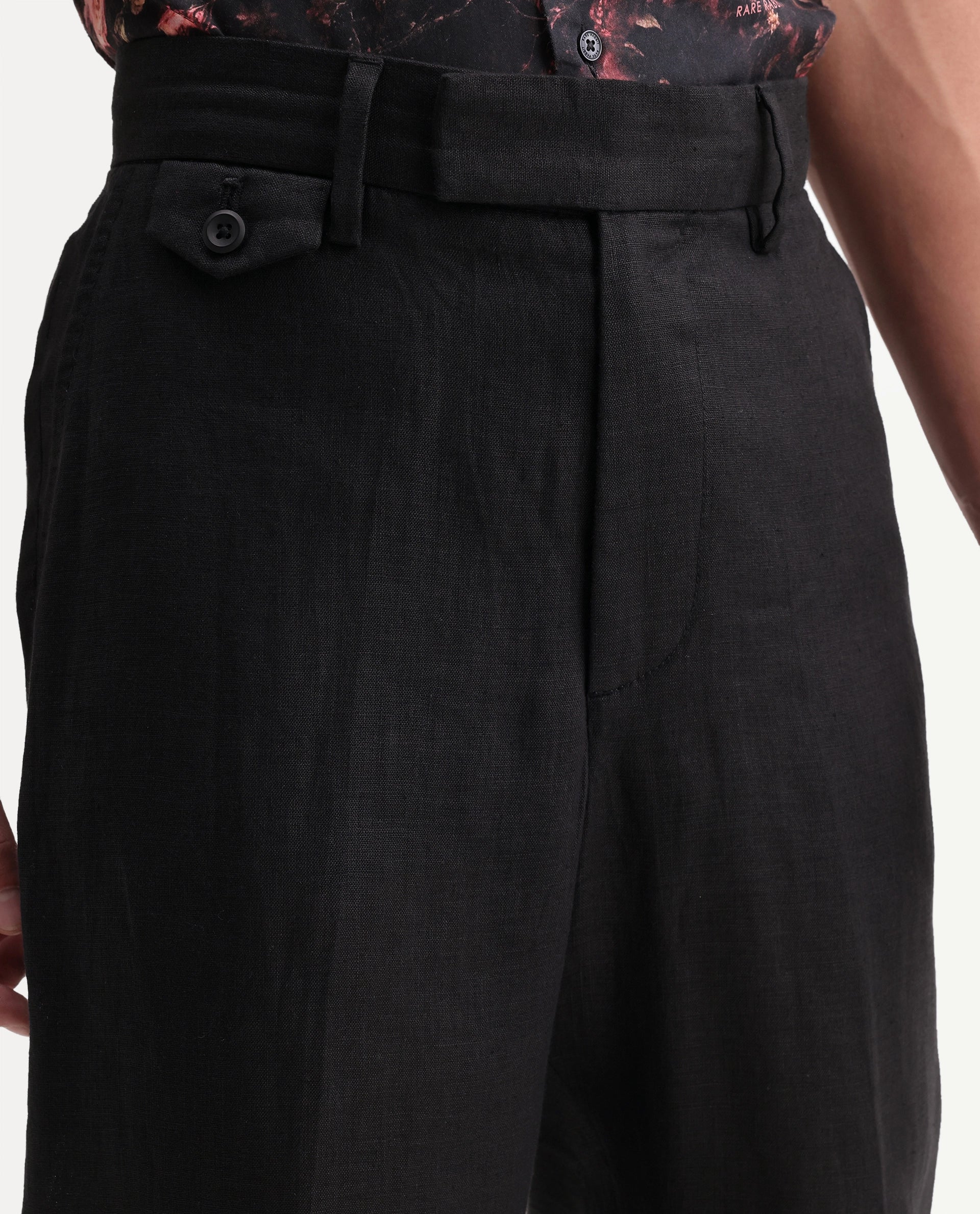 Rare Rabbit Men's Arcelo-A26 Black 100% Linen Regular Fit Plain Trouser