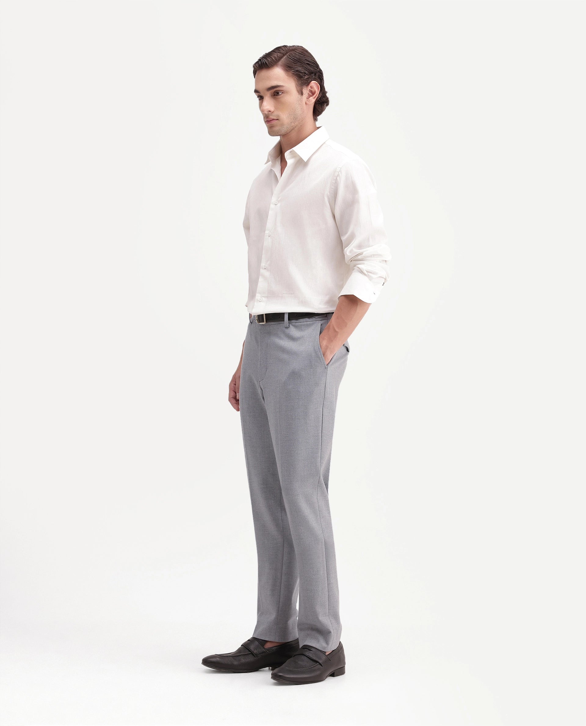Rare Rabbit Men's Austin-A26 Light Grey Polyester Blend Regular Fit Plain Trouser