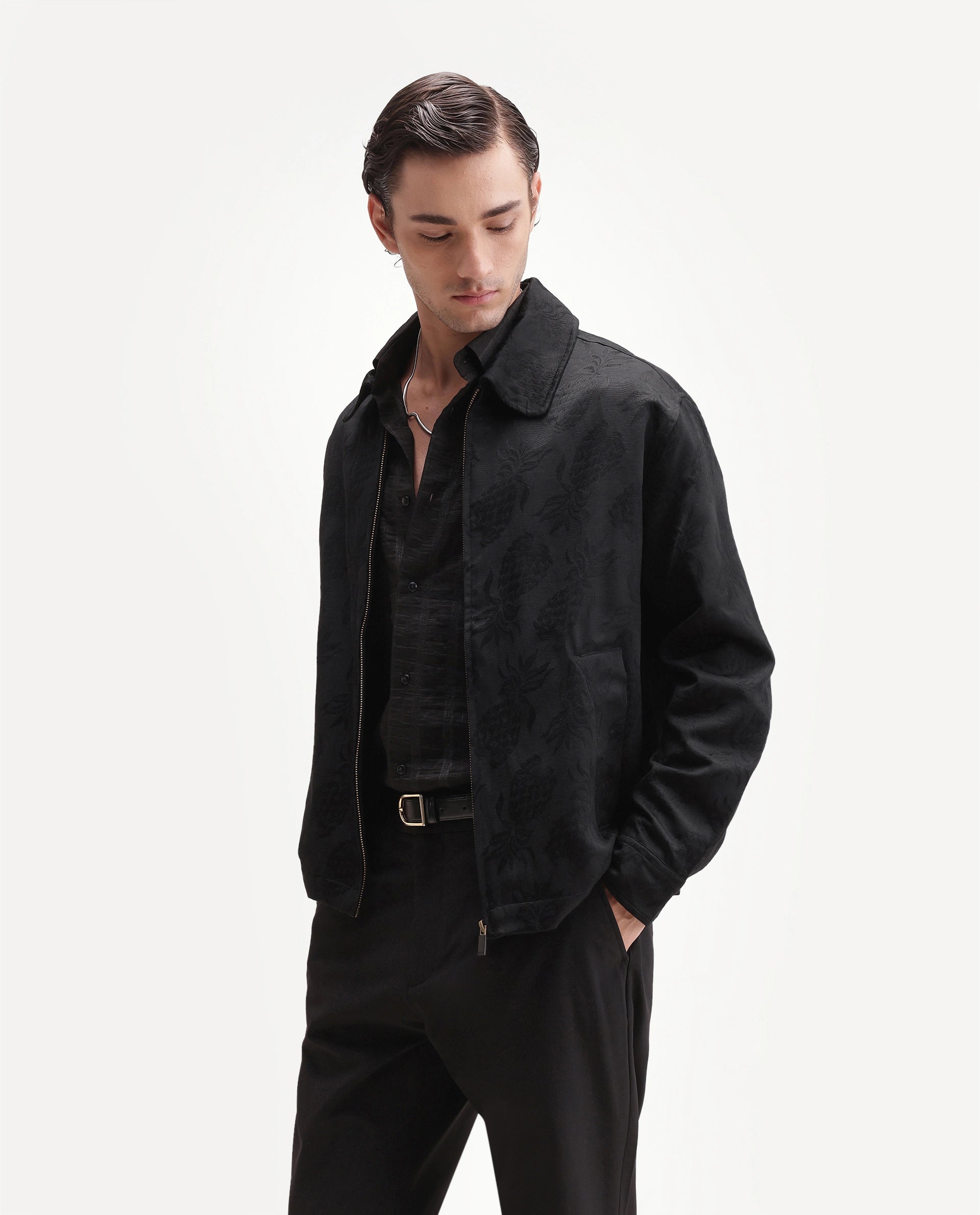Rare Rabbit Men's Lucho Black Cotton Blend Spread Collar Zipper Regular Jacquard Shacket