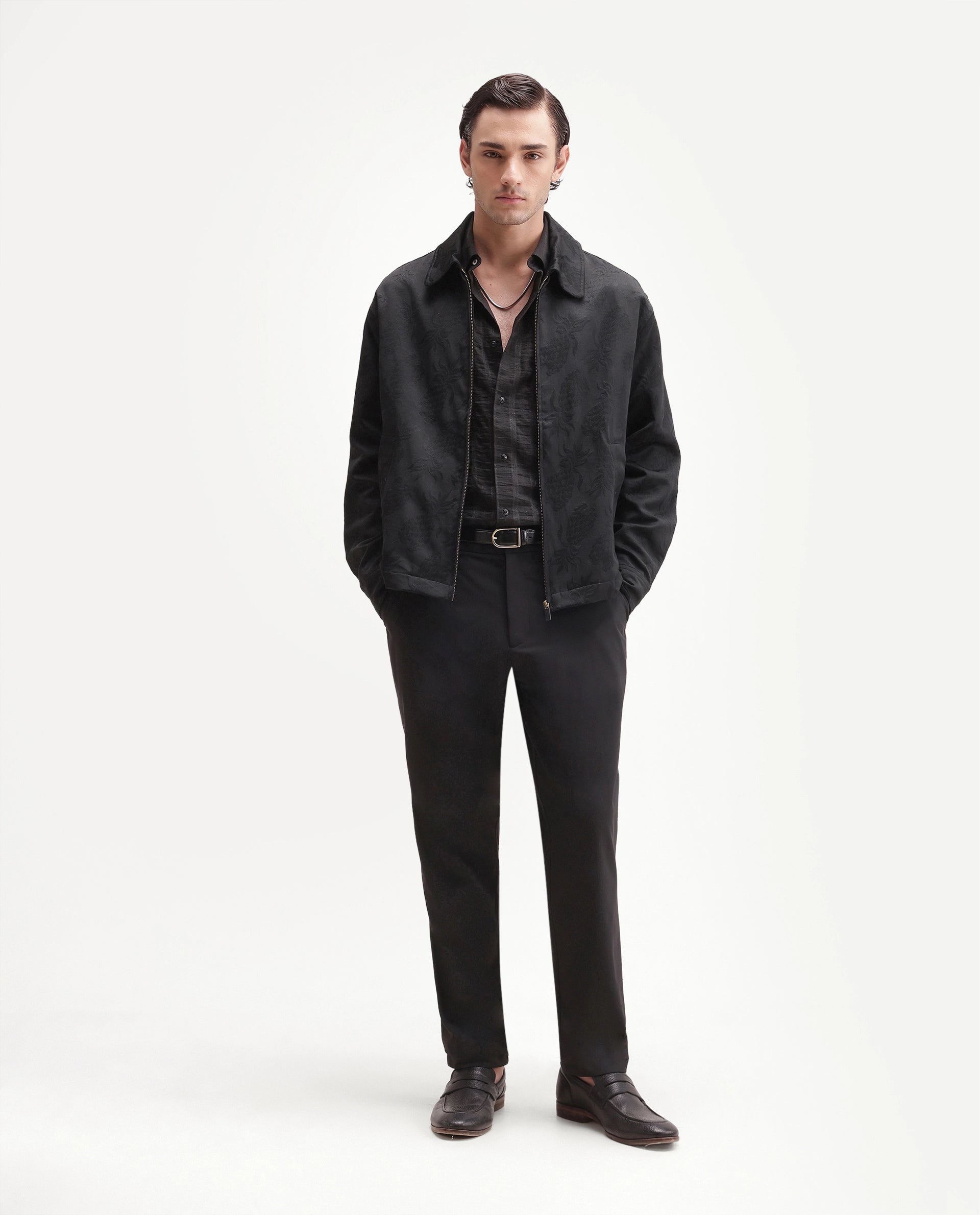 Rare Rabbit Men's Lucho Black Cotton Blend Spread Collar Zipper Regular Jacquard Shacket