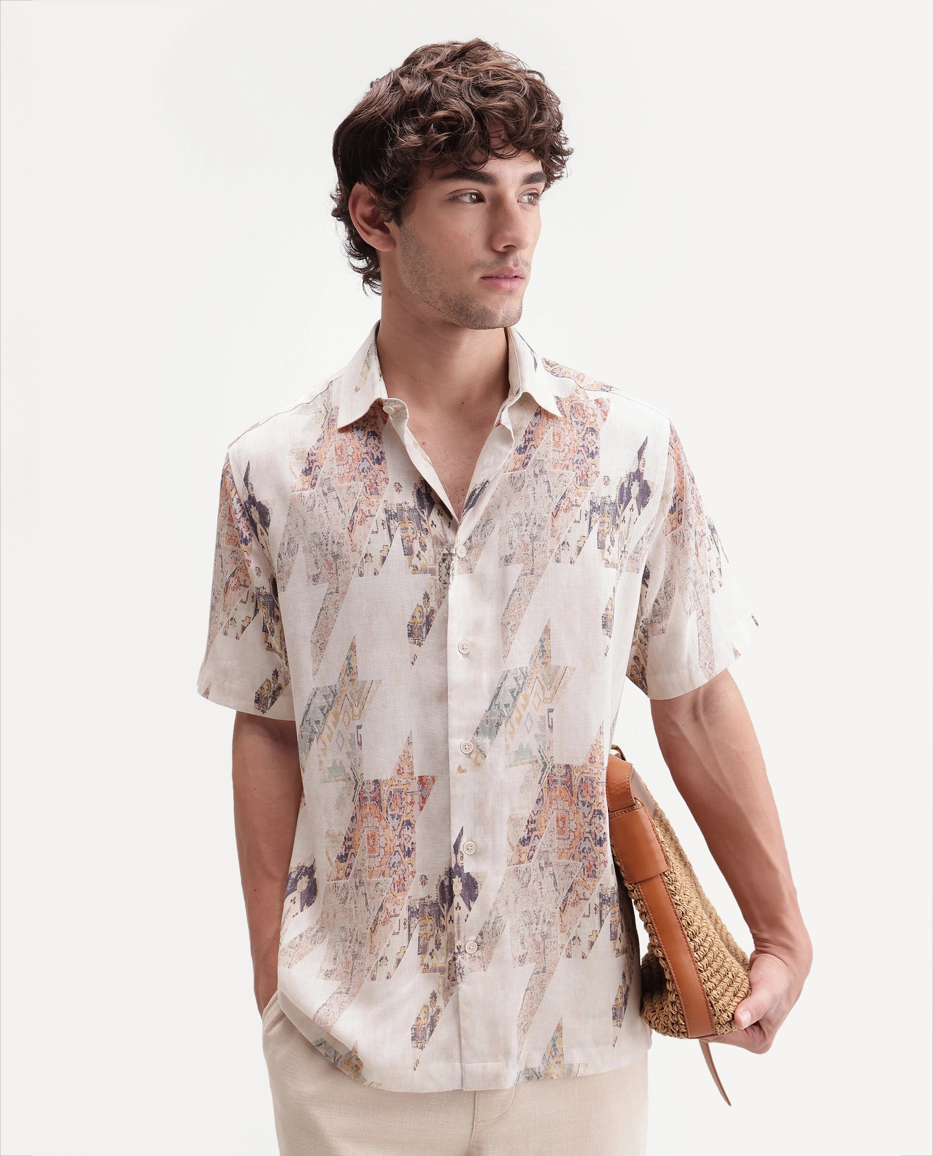 Rare Rabbit Men's Mexa Light Beige Linen Blend Spread Collar Regular Fit Geometric Print Shirt