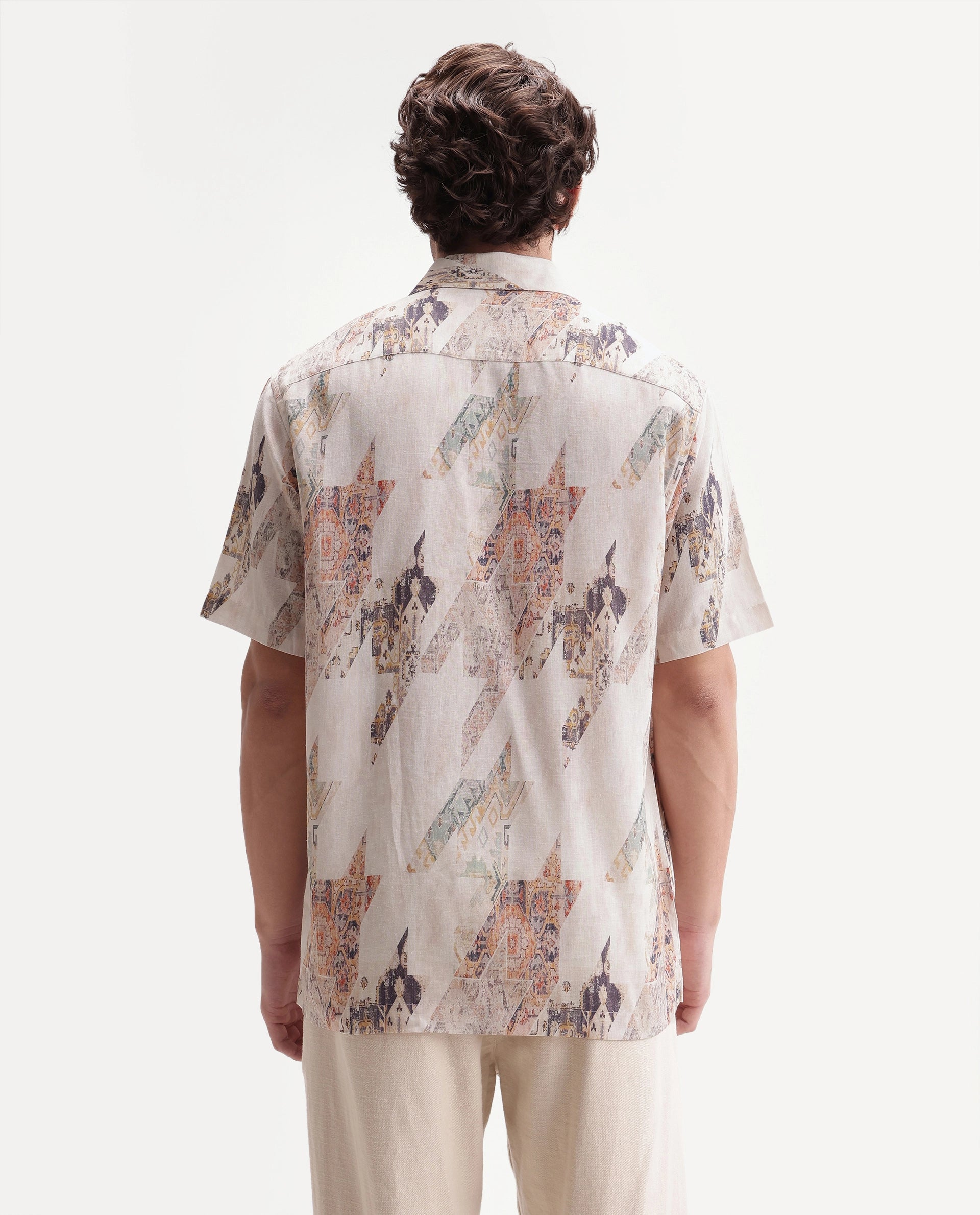 Rare Rabbit Men's Mexa Light Beige Linen Blend Spread Collar Regular Fit Geometric Print Shirt