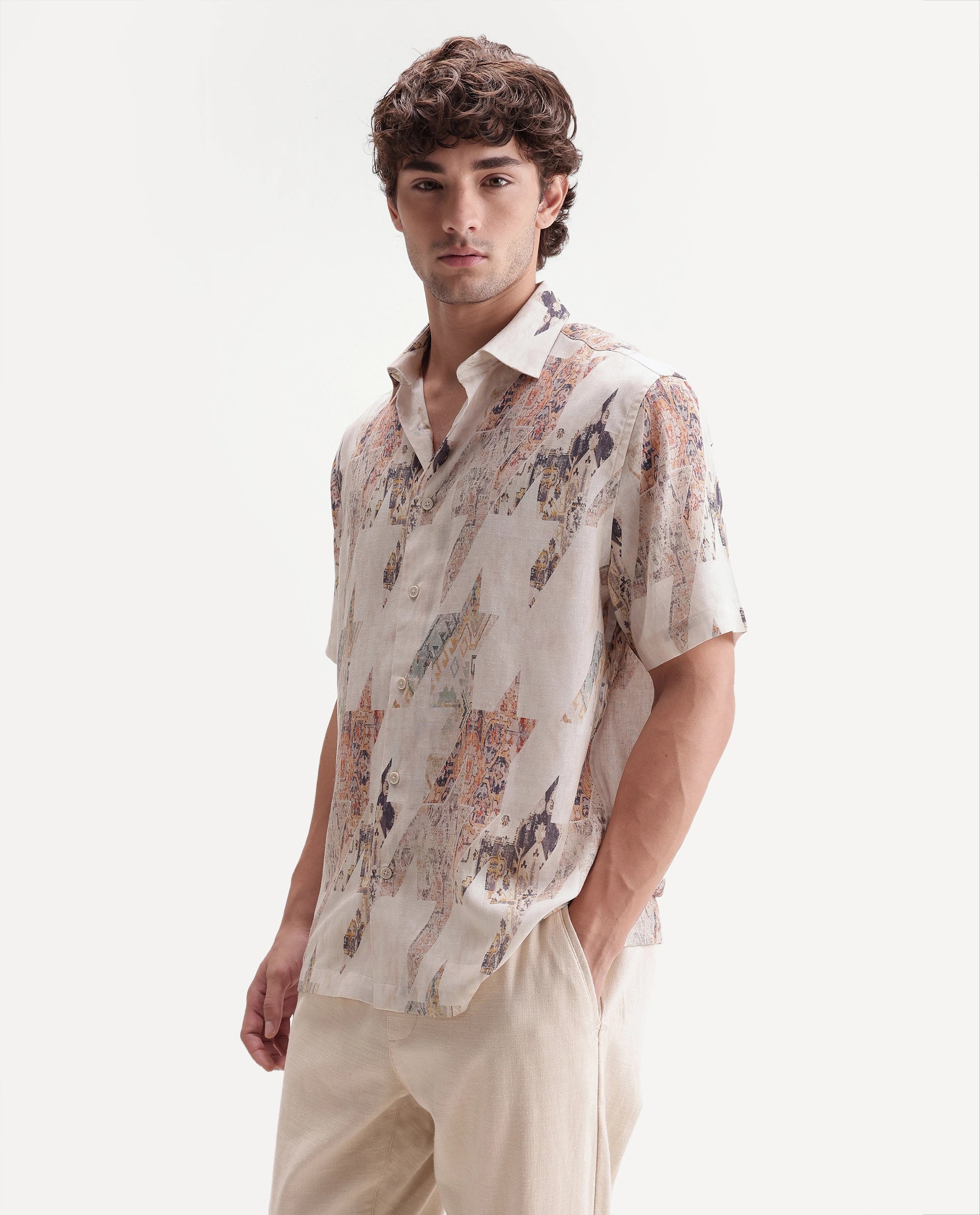 Rare Rabbit Men's Mexa Light Beige Linen Blend Spread Collar Regular Fit Geometric Print Shirt