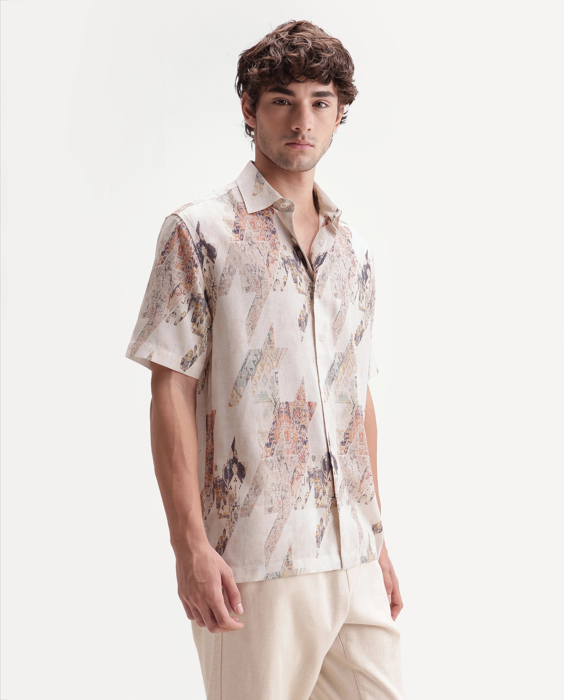 Rare Rabbit Men's Mexa Light Beige Linen Blend Spread Collar Regular Fit Geometric Print Shirt