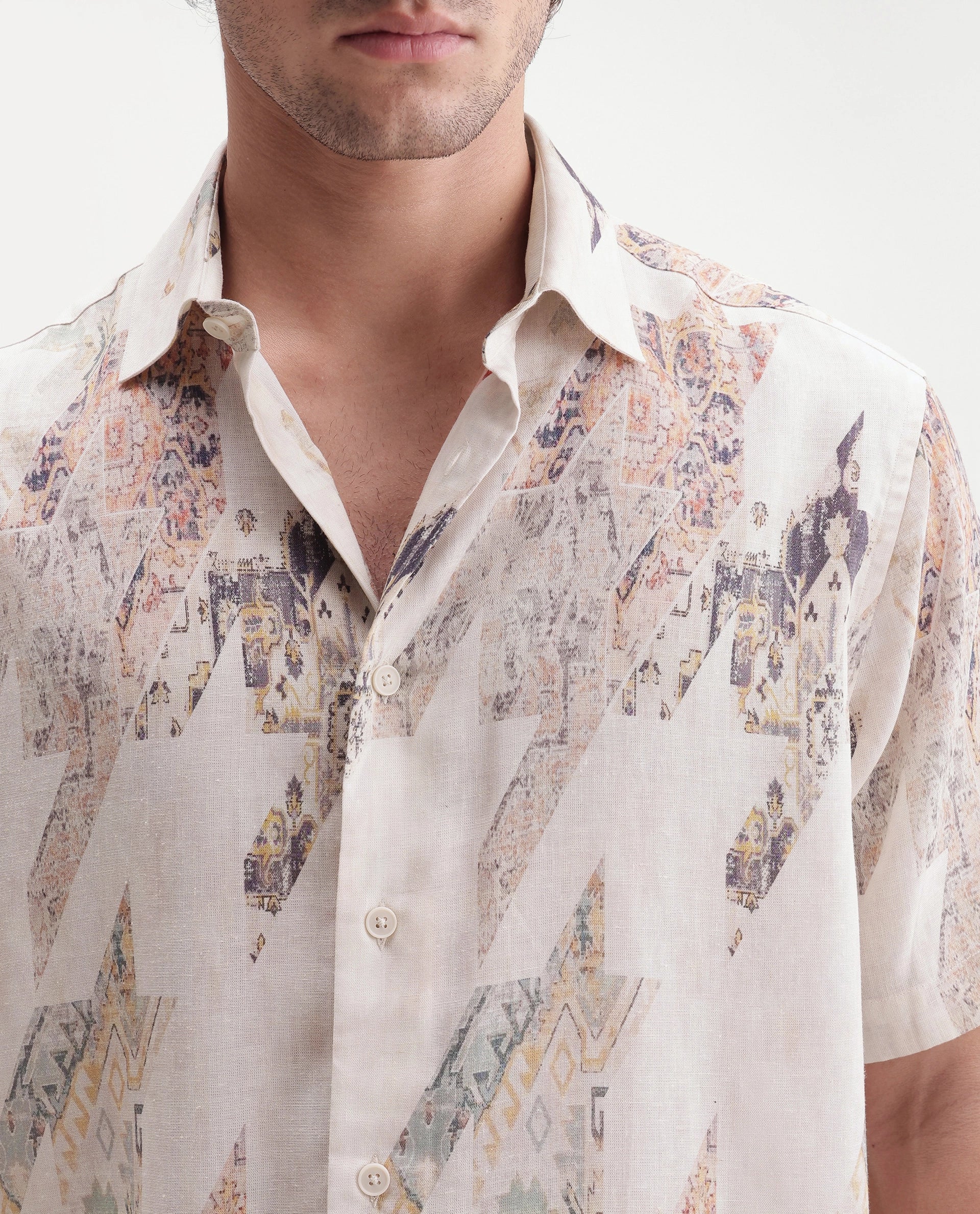 Rare Rabbit Men's Mexa Light Beige Linen Blend Spread Collar Regular Fit Geometric Print Shirt