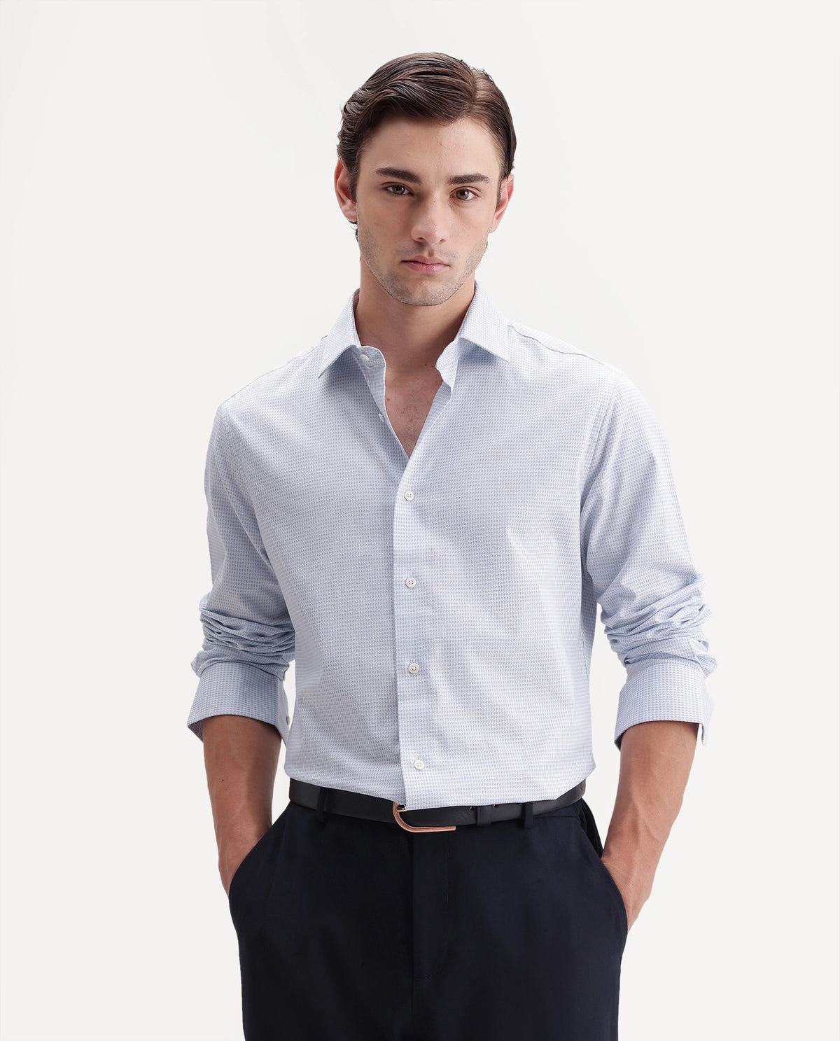 Rare Rabbit Men's Anaa Light Blue Cotton Spread Collar Regular Fit Checked Shirt
