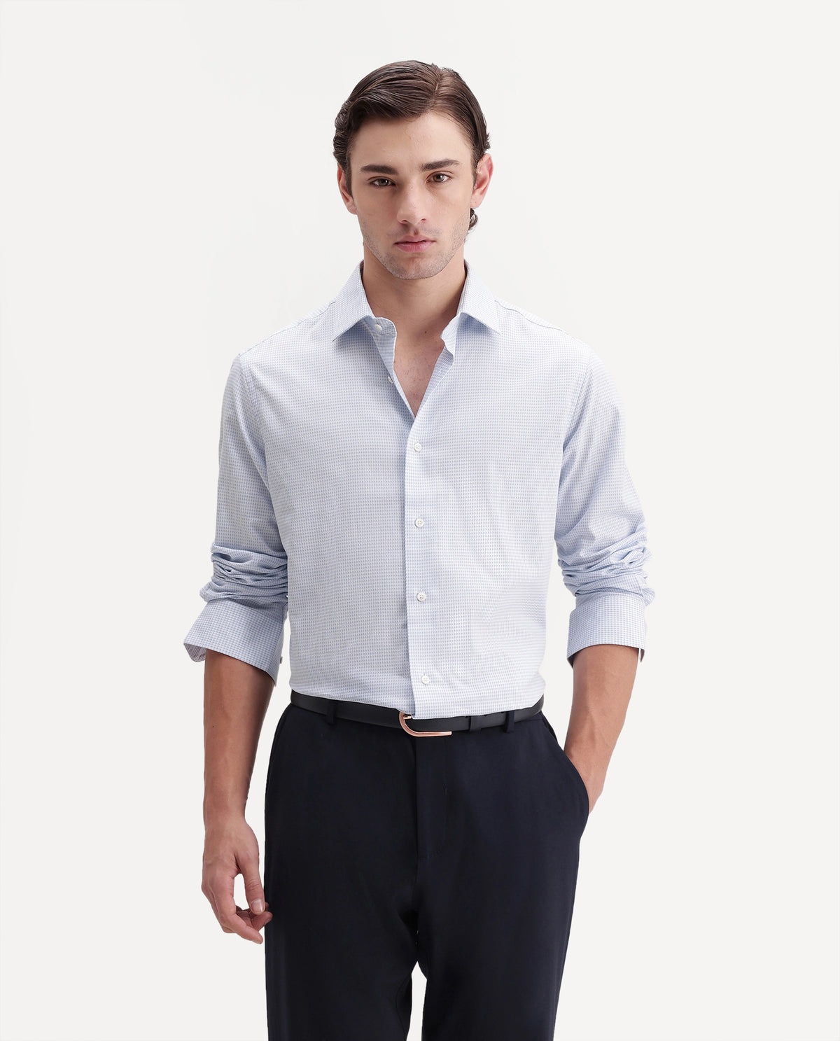 Rare Rabbit Men's Anaa Light Blue Cotton Spread Collar Regular Fit Checked Shirt